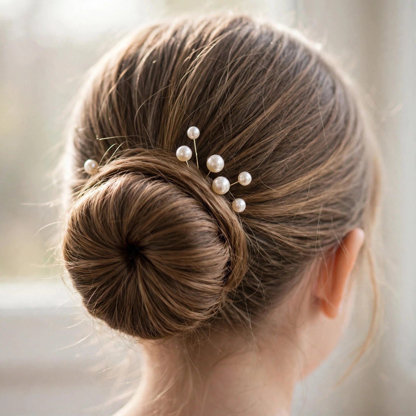 Elegant bun with pearl pins for little girls, back view
