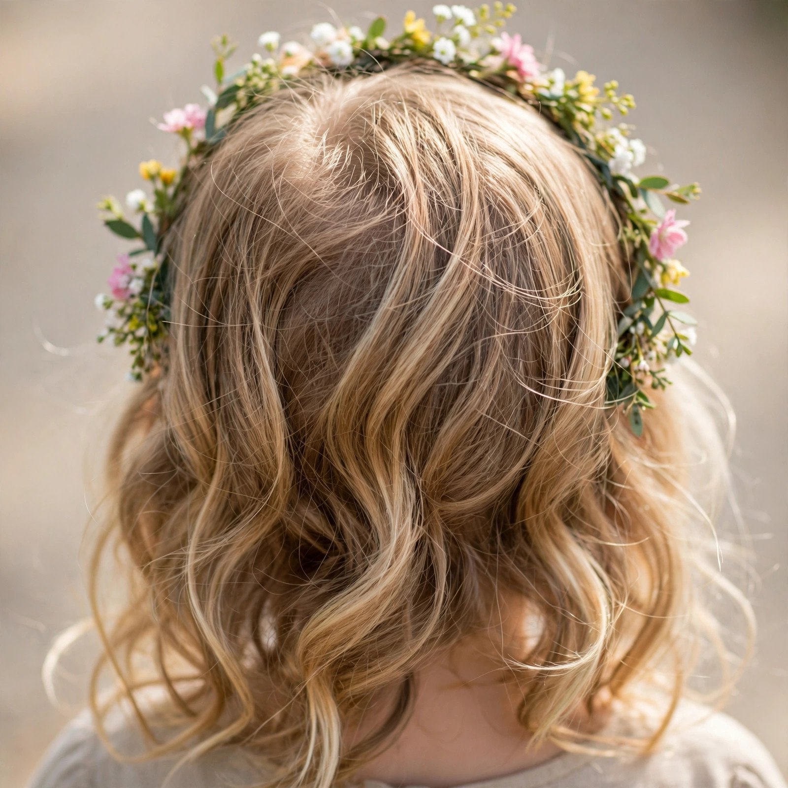 Floral crown with loose waves for little girls, back view