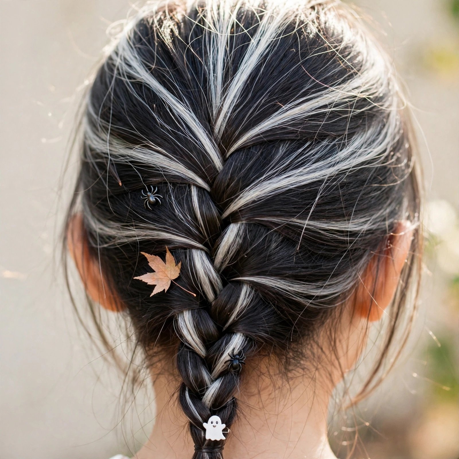 Ghostly white streaks Halloween hairstyle for girls, back view