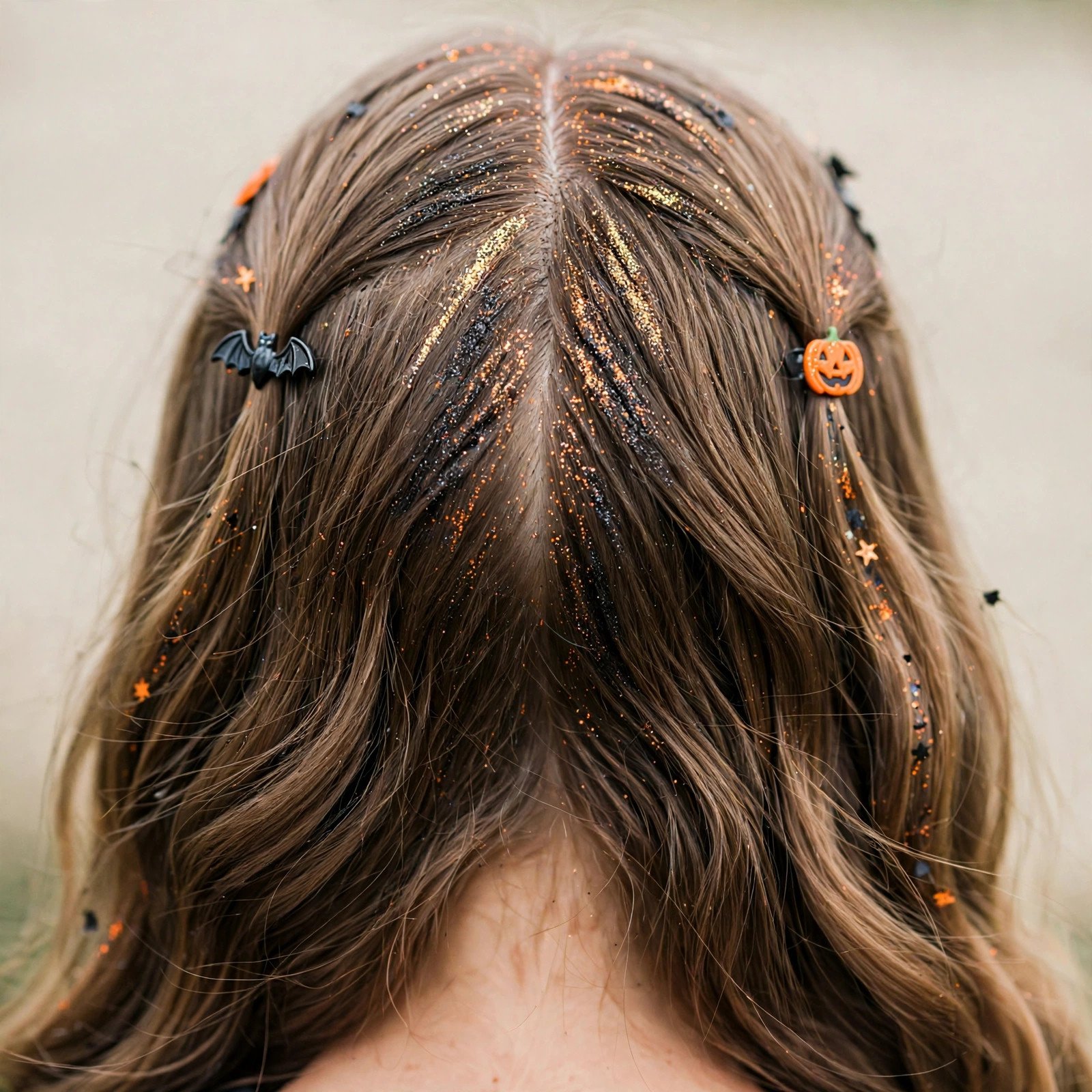 Glitter roots with loose hair Halloween hairstyle for girls, back view