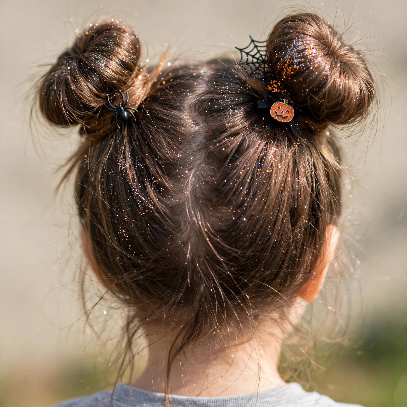 Glittery space buns Halloween hairstyle for girls, back view