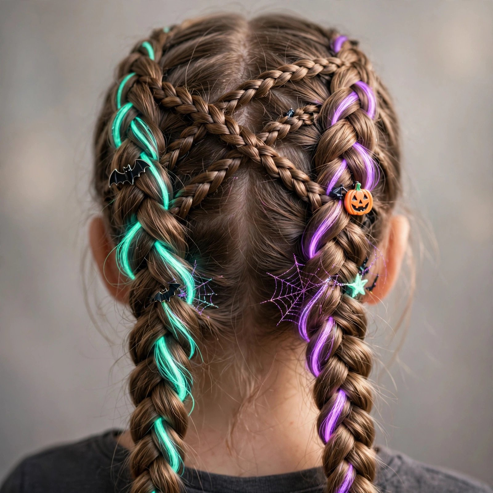 Glow-in-the-dark braids Halloween hairstyle for girls, back view