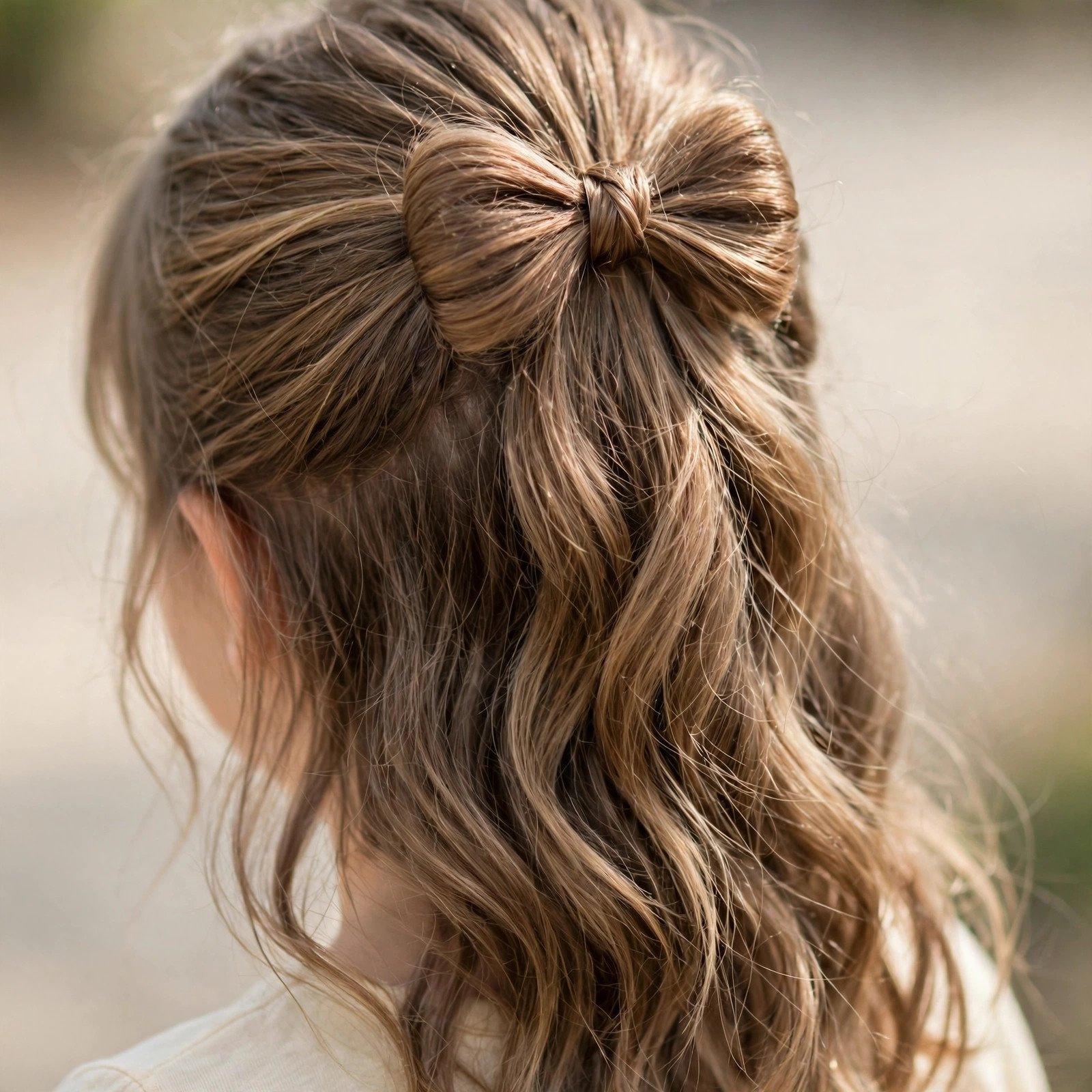 Half-up bow bun hairstyle for girls, back view