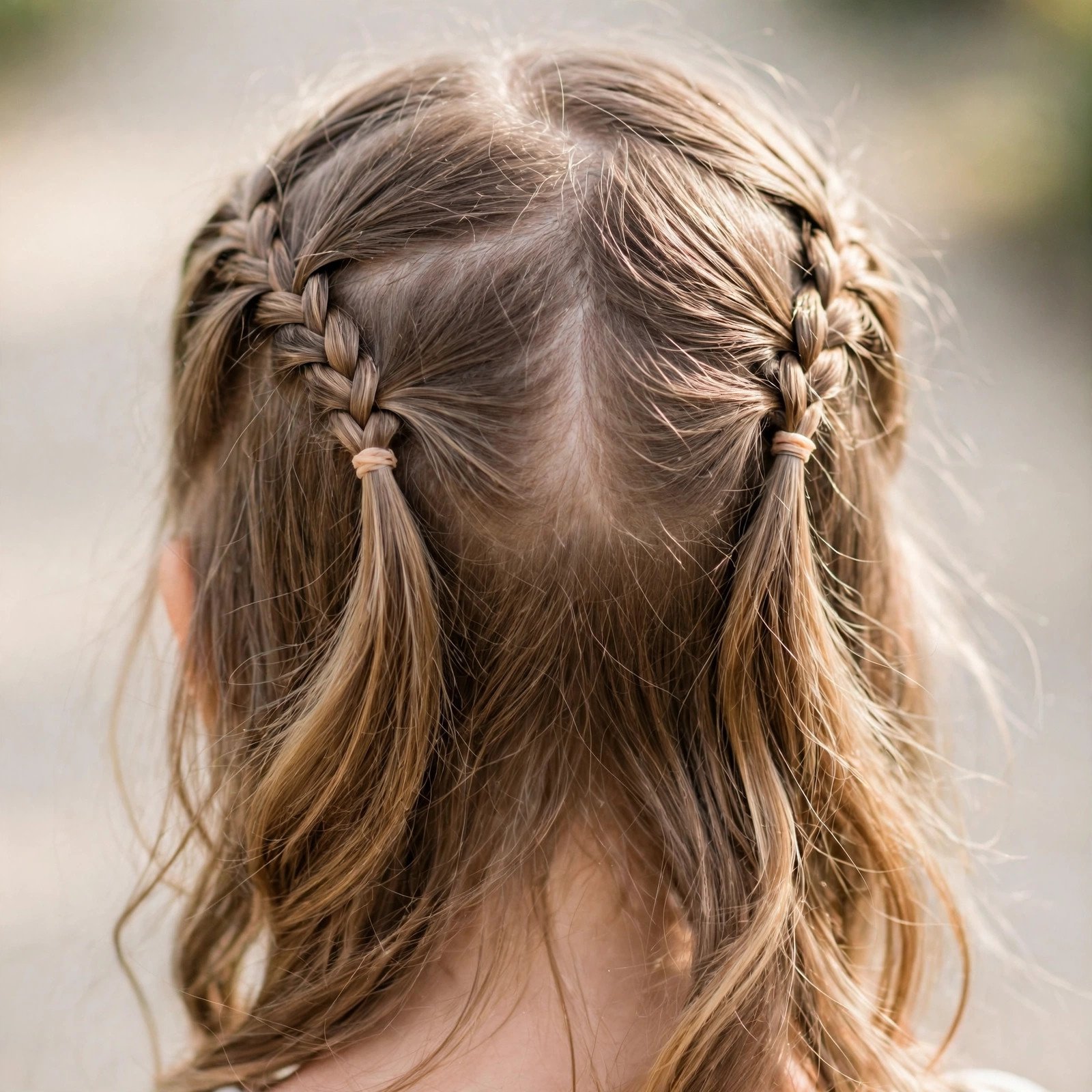 Half-up double braids hairstyle for little girls, back view