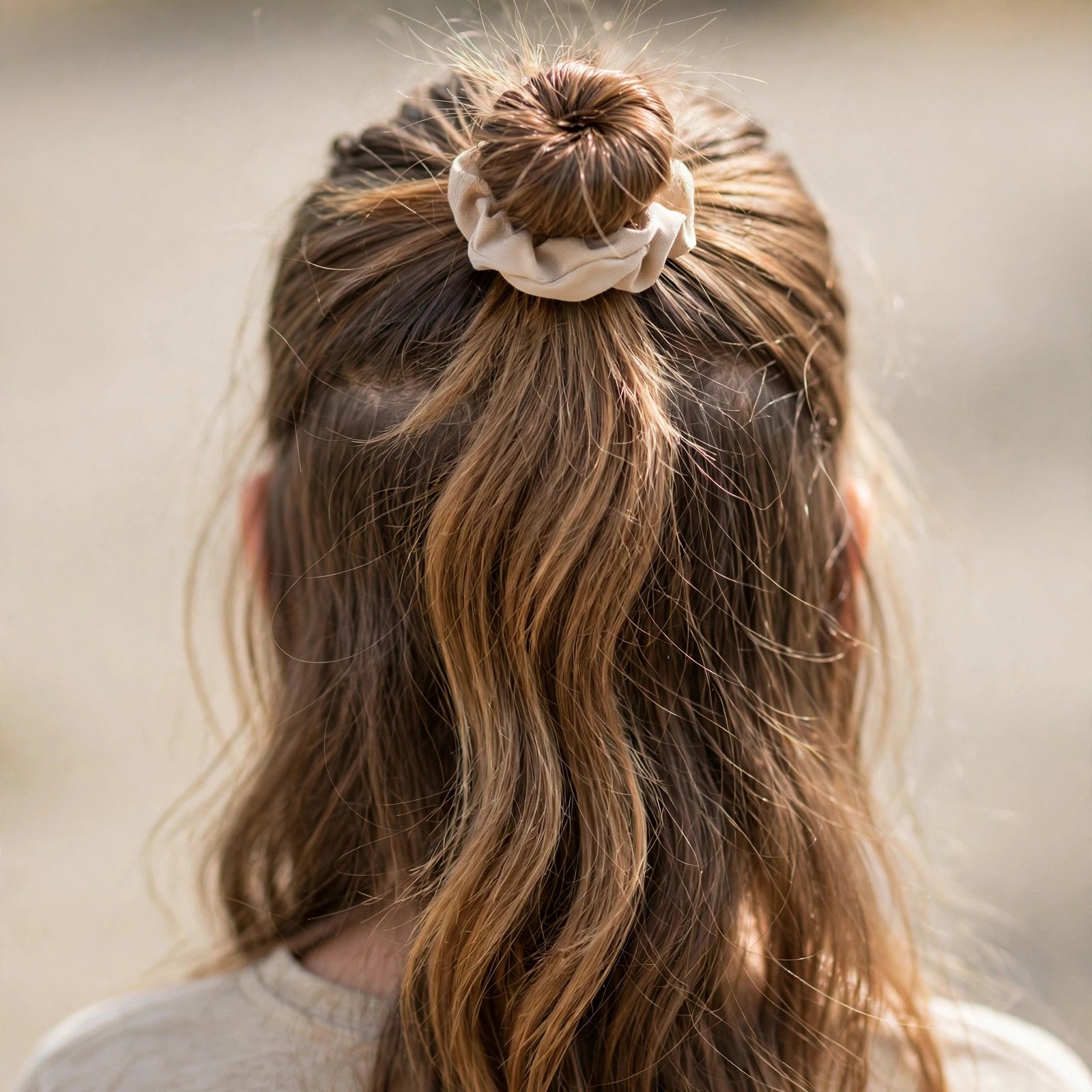 Half-up half-down bun hairstyle for girls, back view
