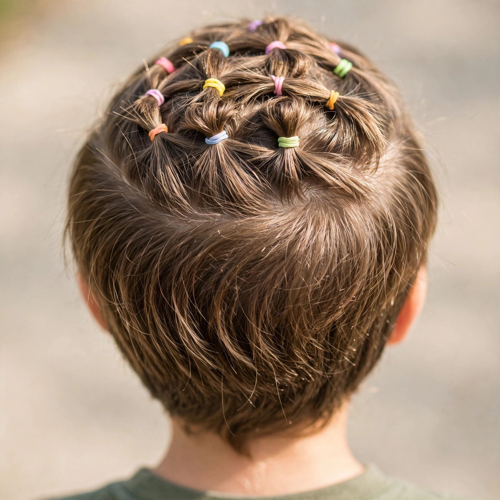 Back view of Half-Up Rubber Band Style hairstyle for boys