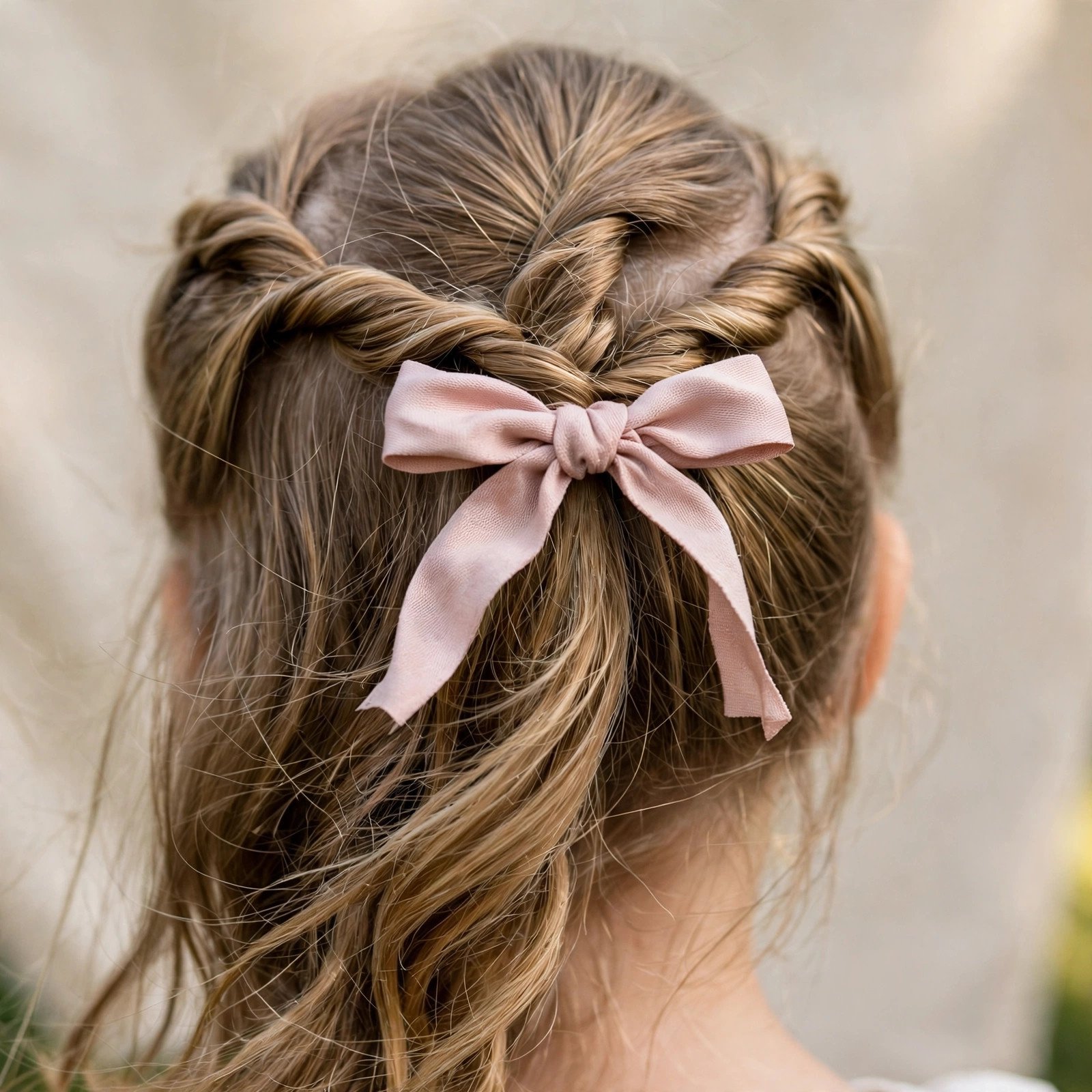 Half-up twist with ribbon for little girls, back view