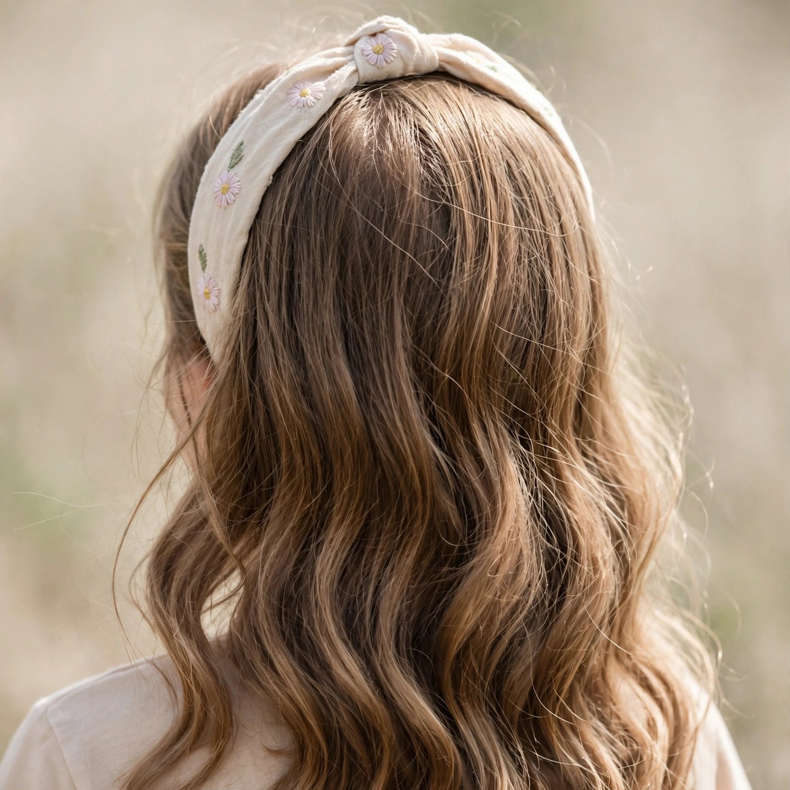 Headband with loose waves hairstyle for girls, back view