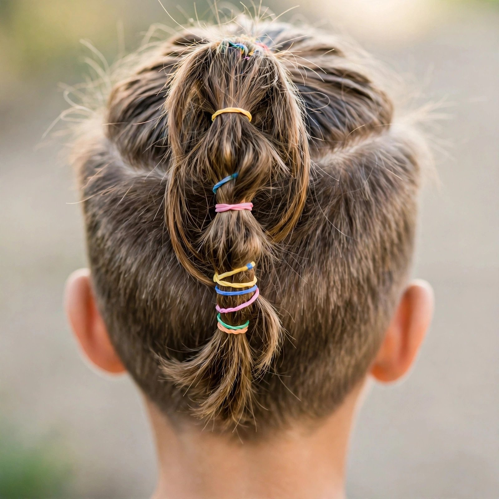 Back view of High Ponytail with Rubber Bands hairstyle for boys