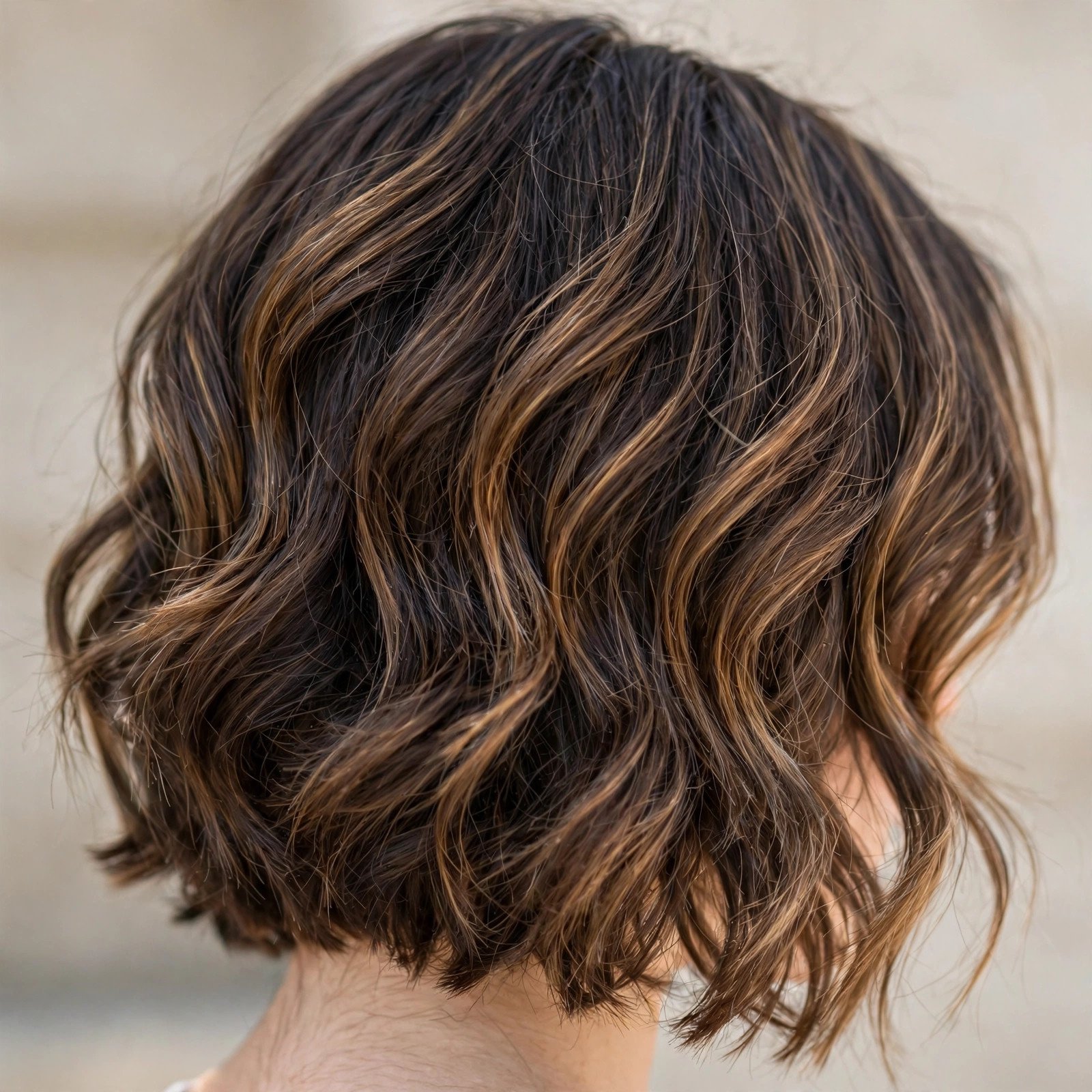 Layered lob with waves hairstyle for college girls, back view