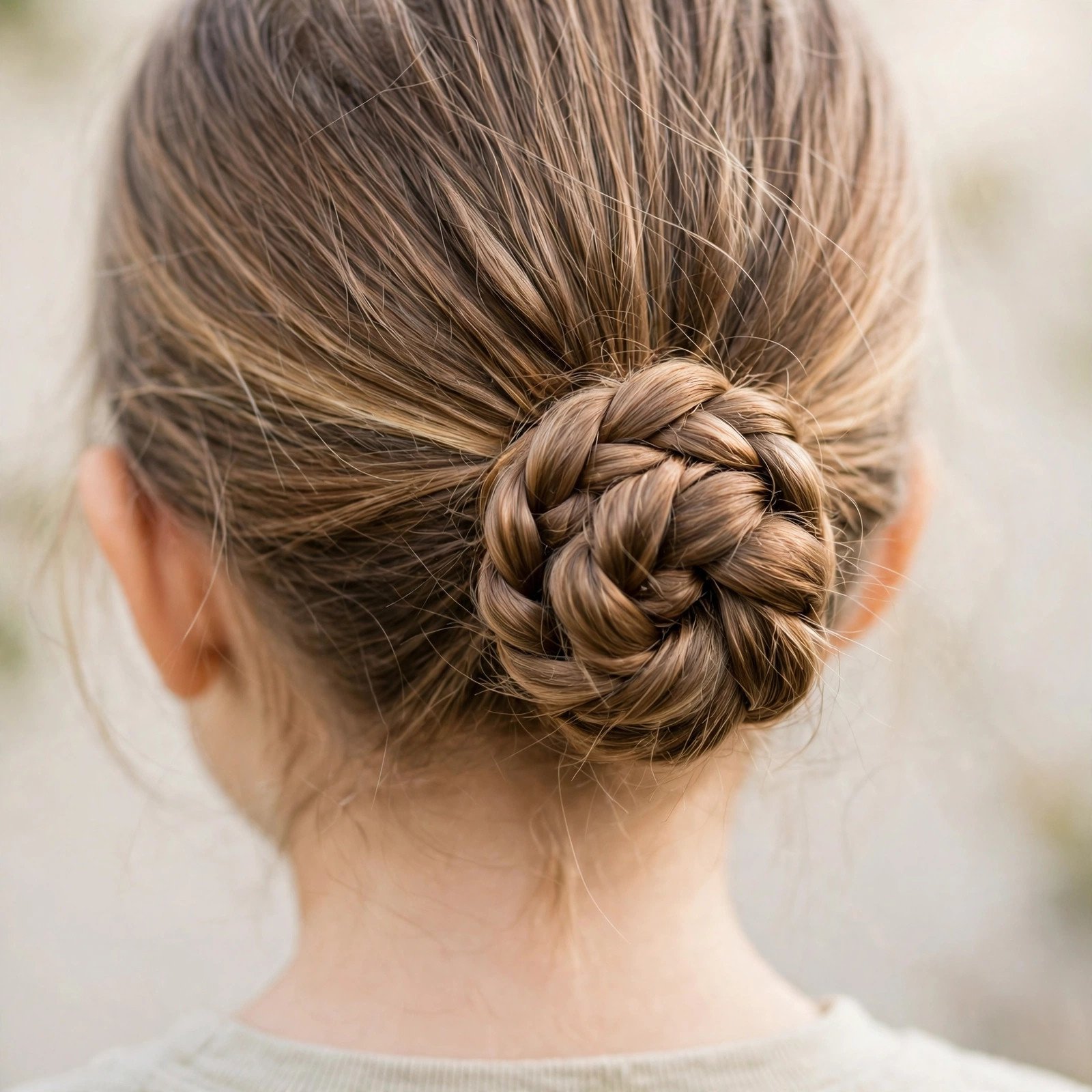 Low braided bun hairstyle for little girls, back view