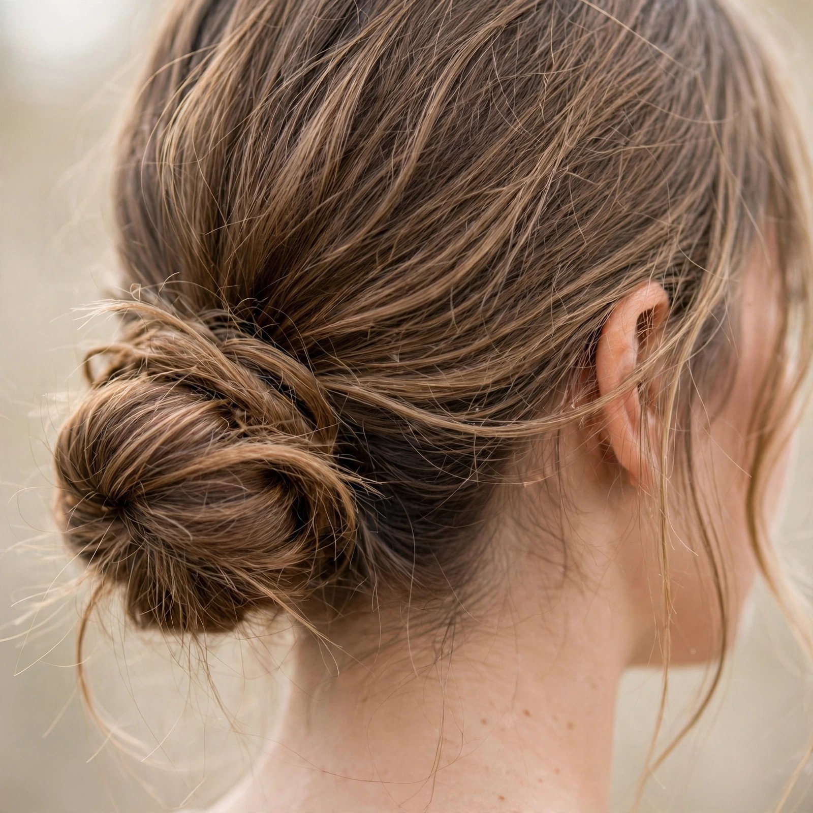 Low bun with face-framing strands for college girls, back view