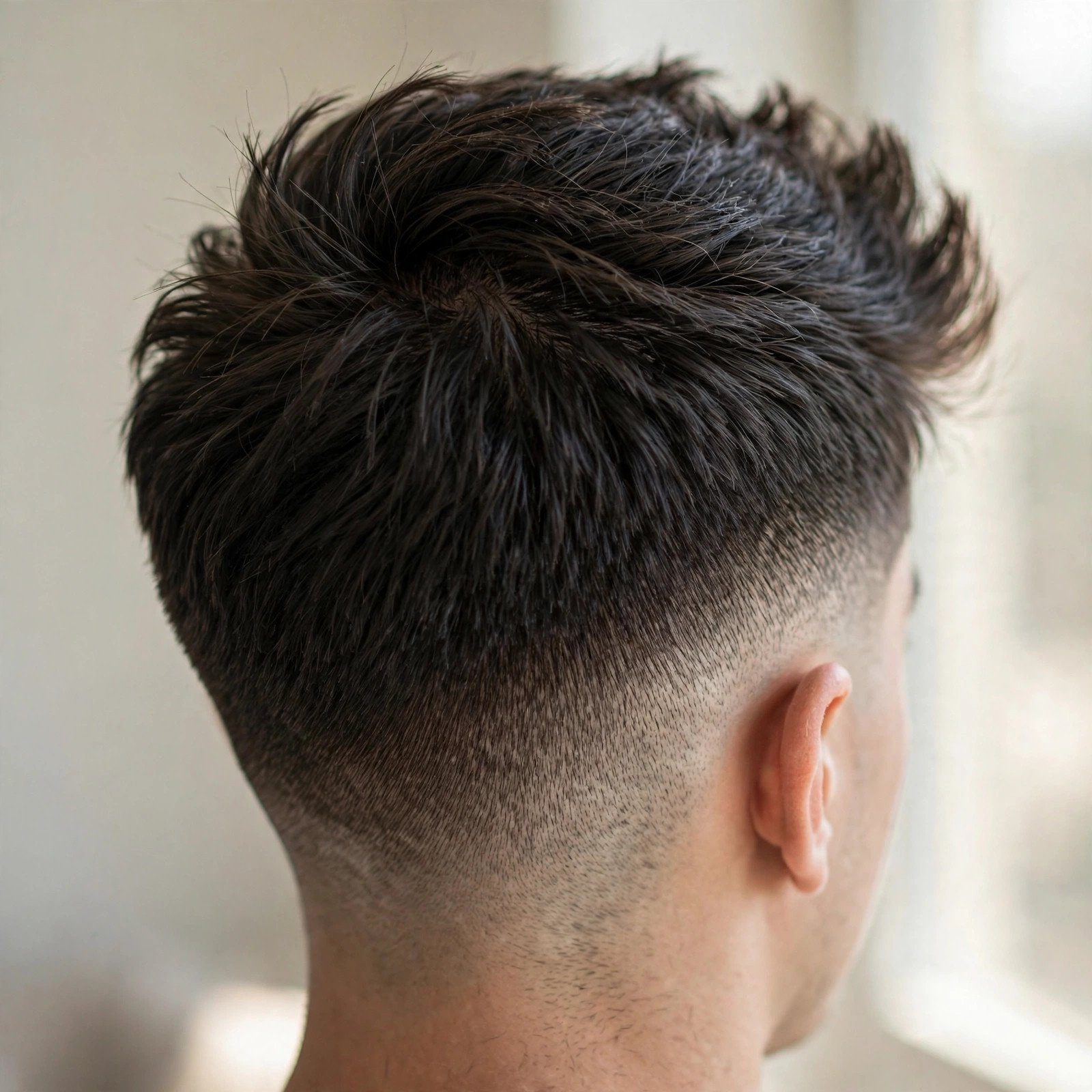 Back view of Low Fade with Brushed-Up Top hairstyle for boys