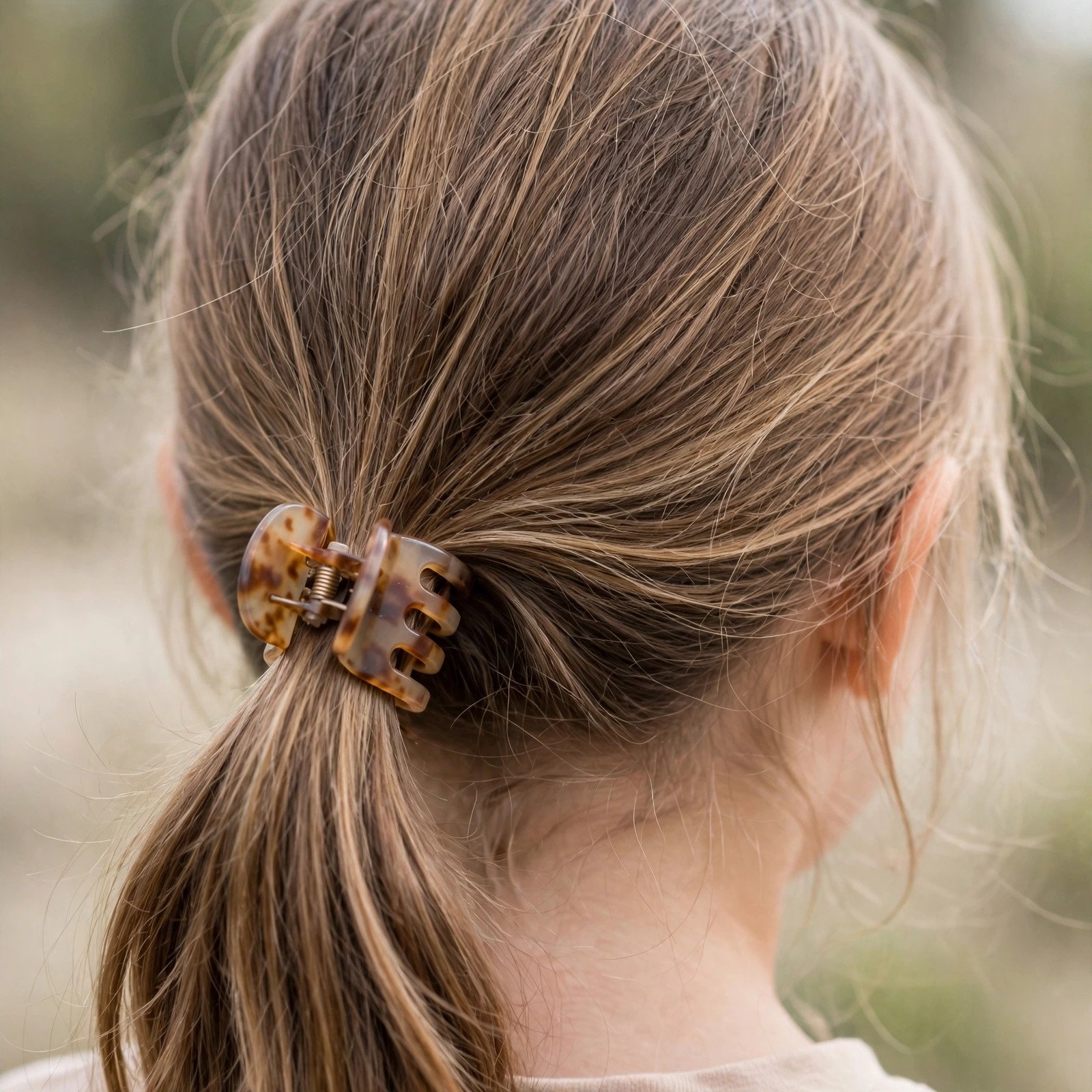 Low ponytail with claw clip for girls, back view