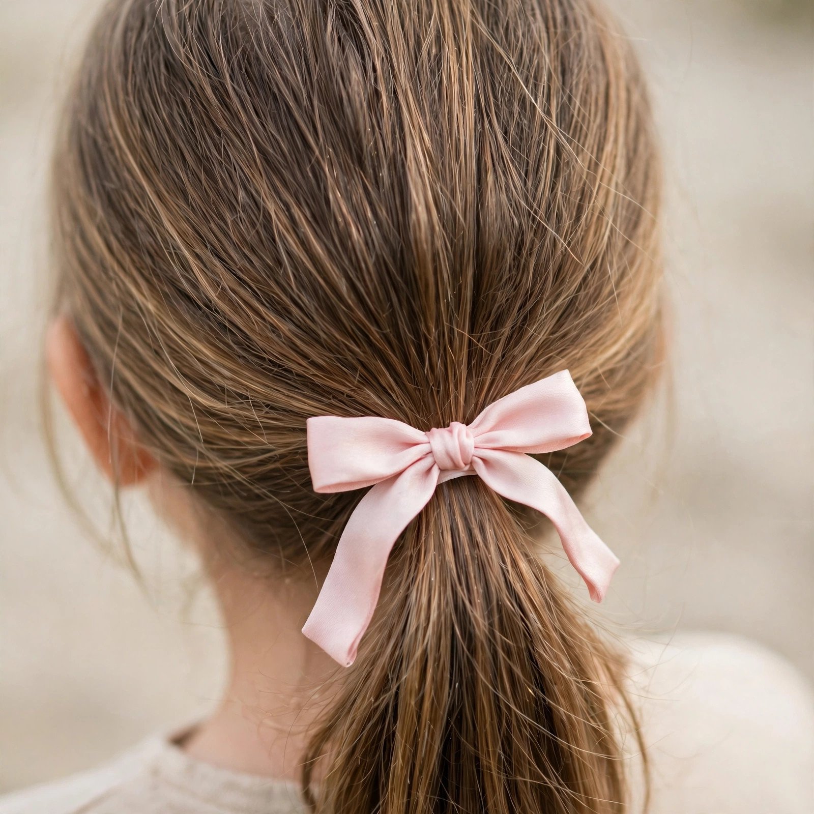 Low ponytail with ribbon hairstyle for girls, back view