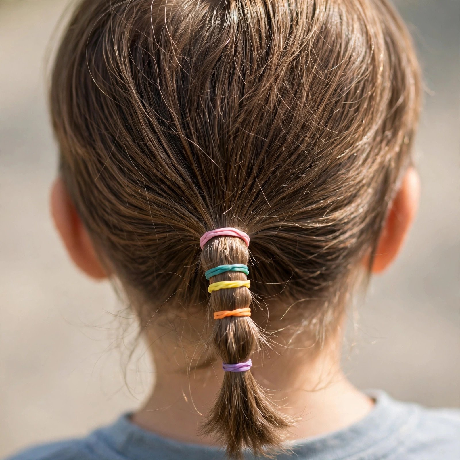Back view of Low Rubber Band Ponytail hairstyle for boys