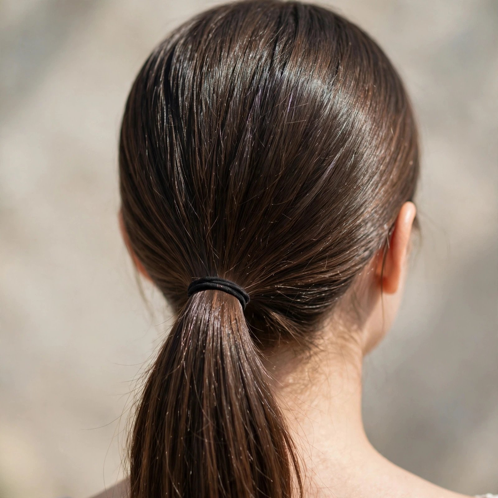 Low sleek ponytail hairstyle for college girls, back view