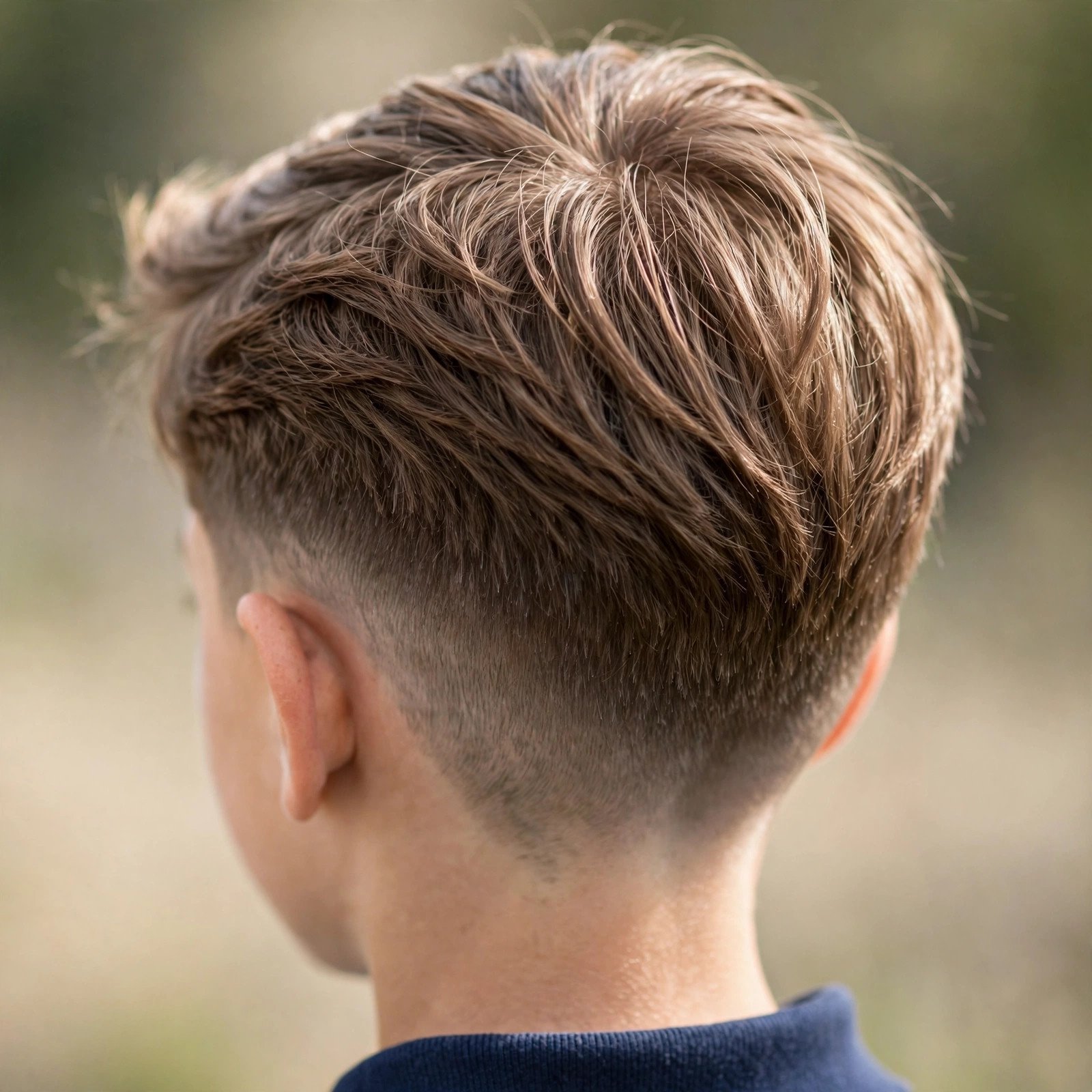 Back view of Low Taper with Brushed Forward Top hairstyle for boys