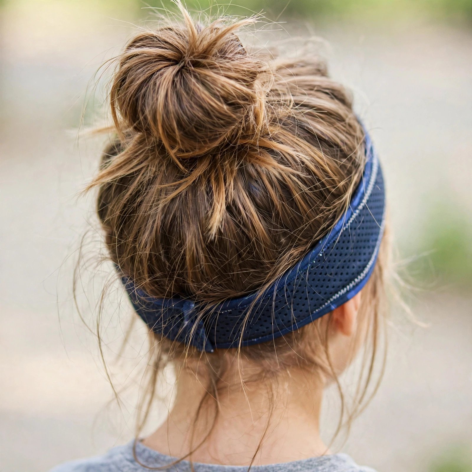 Messy bun with sporty headband hairstyle for girls, back view