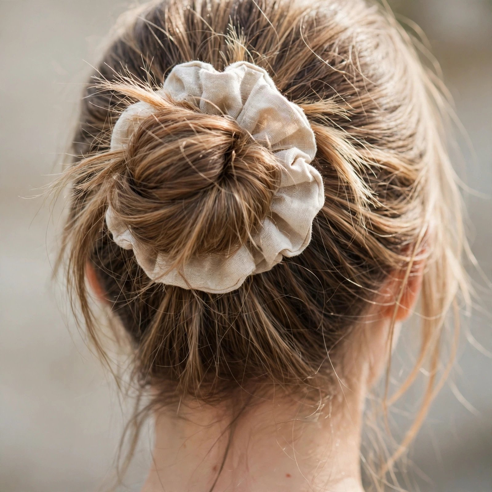 Messy bun with scrunchie hairstyle for college girls, back view