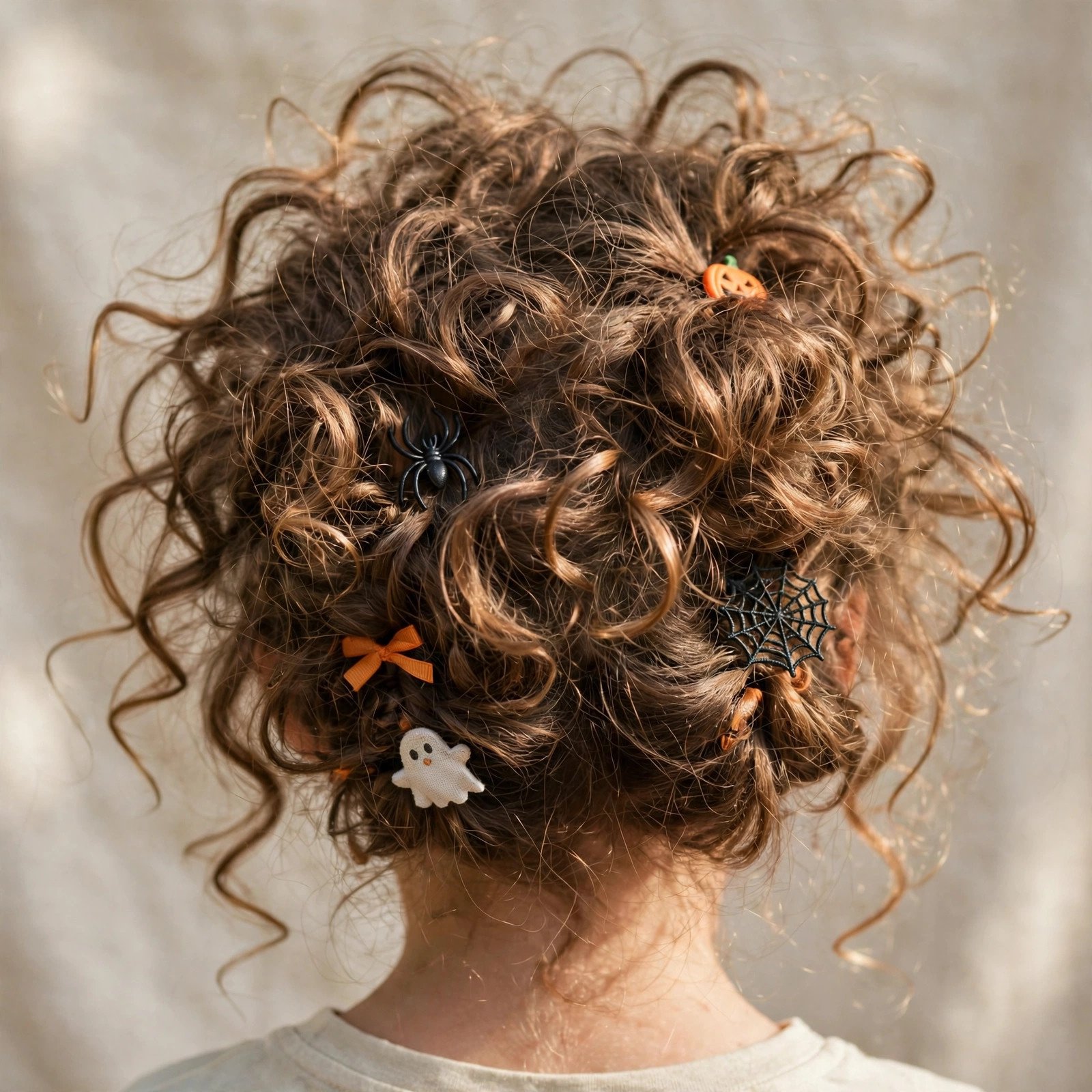 Messy curl explosion Halloween hairstyle for girls, back view