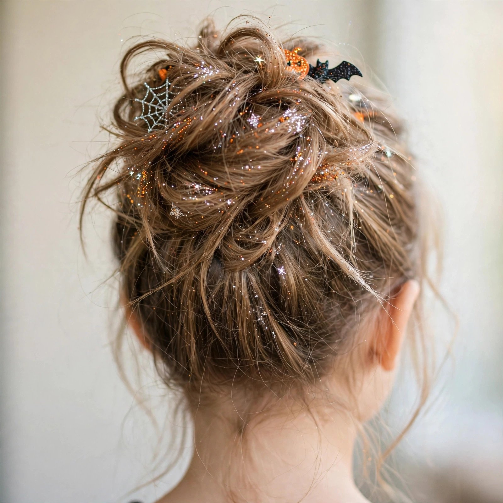 Messy glitter crown Halloween hairstyle for girls, back view