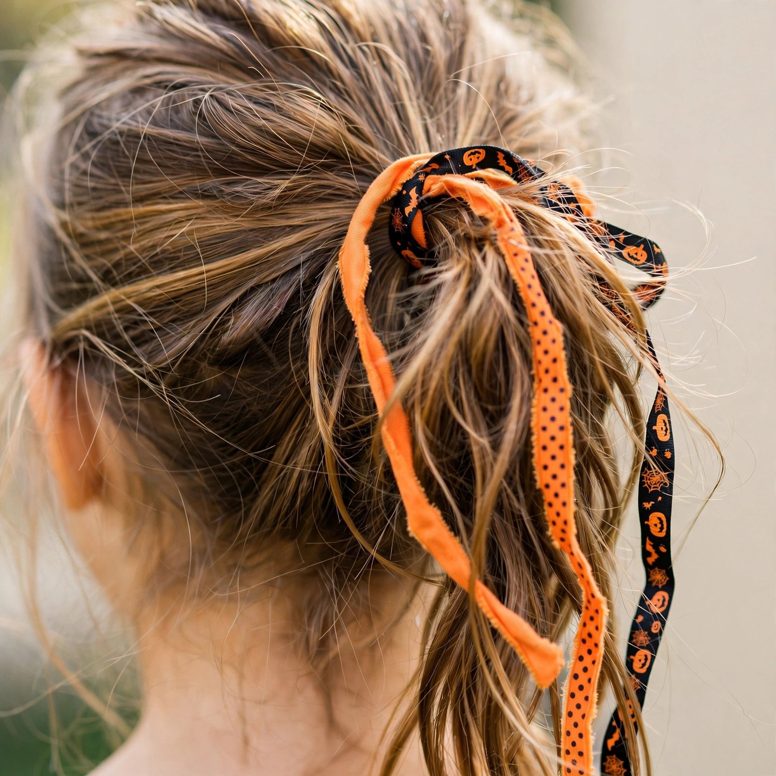 Messy Halloween ponytail hairstyle for girls, back view
