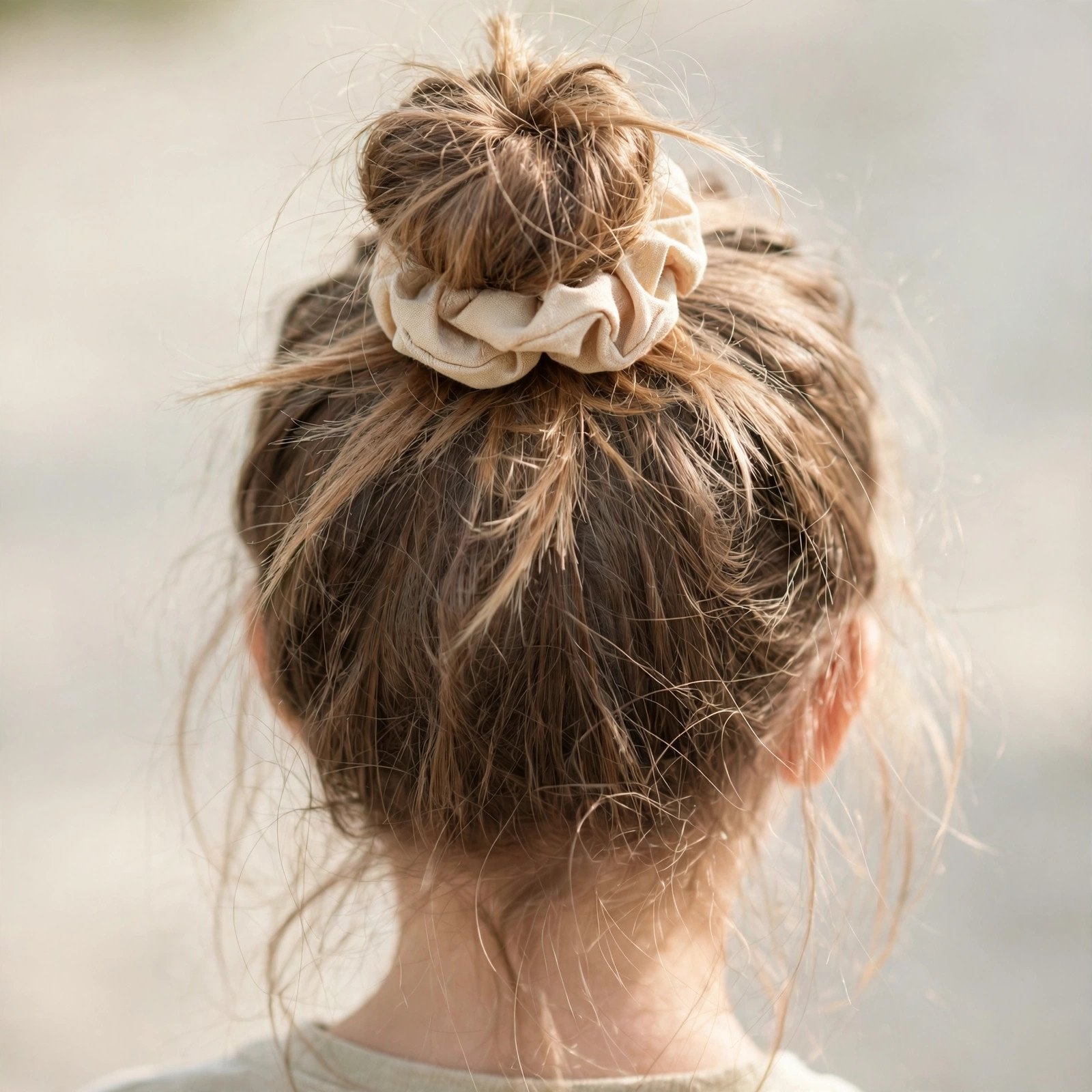 Messy top knot hairstyle for girls, back view