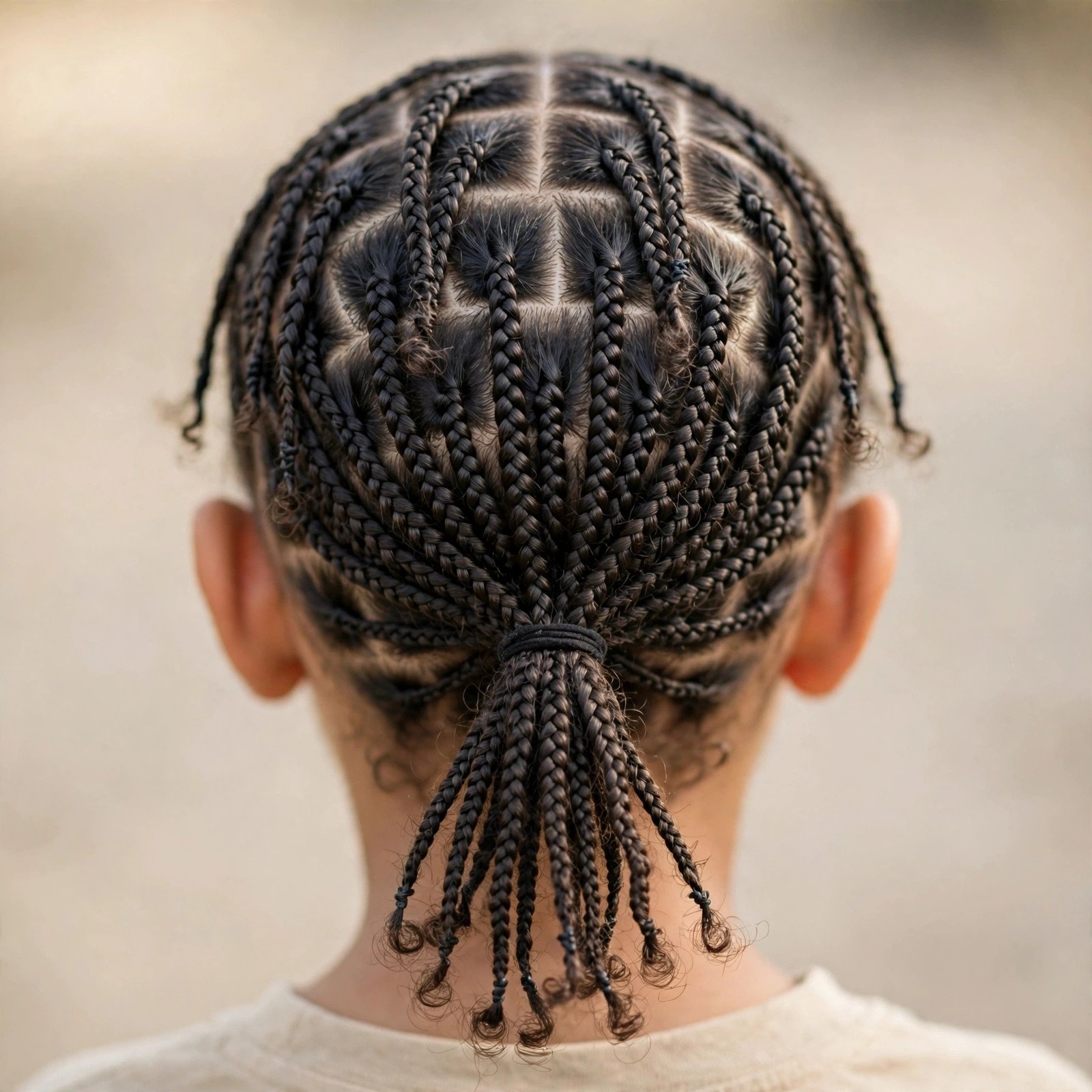 Mini Braids into Ponytail - boys hairstyle, back view