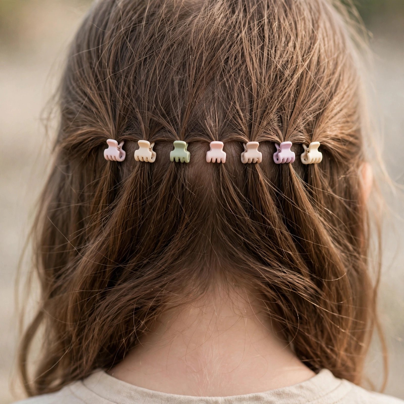Mini claw clips across hairline hairstyle for girls, back view
