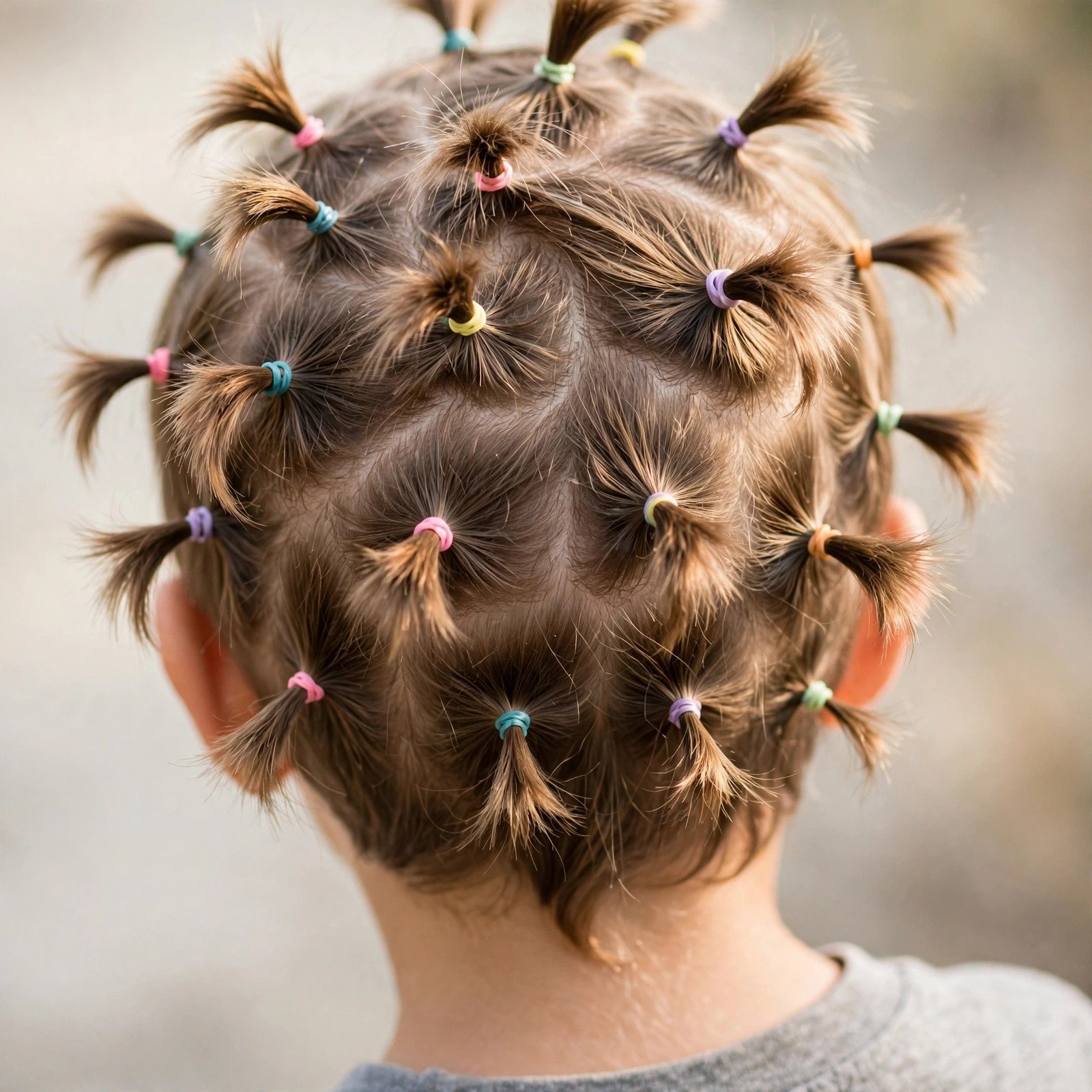Back view of Mini Rubber Band Ponytails hairstyle for boys