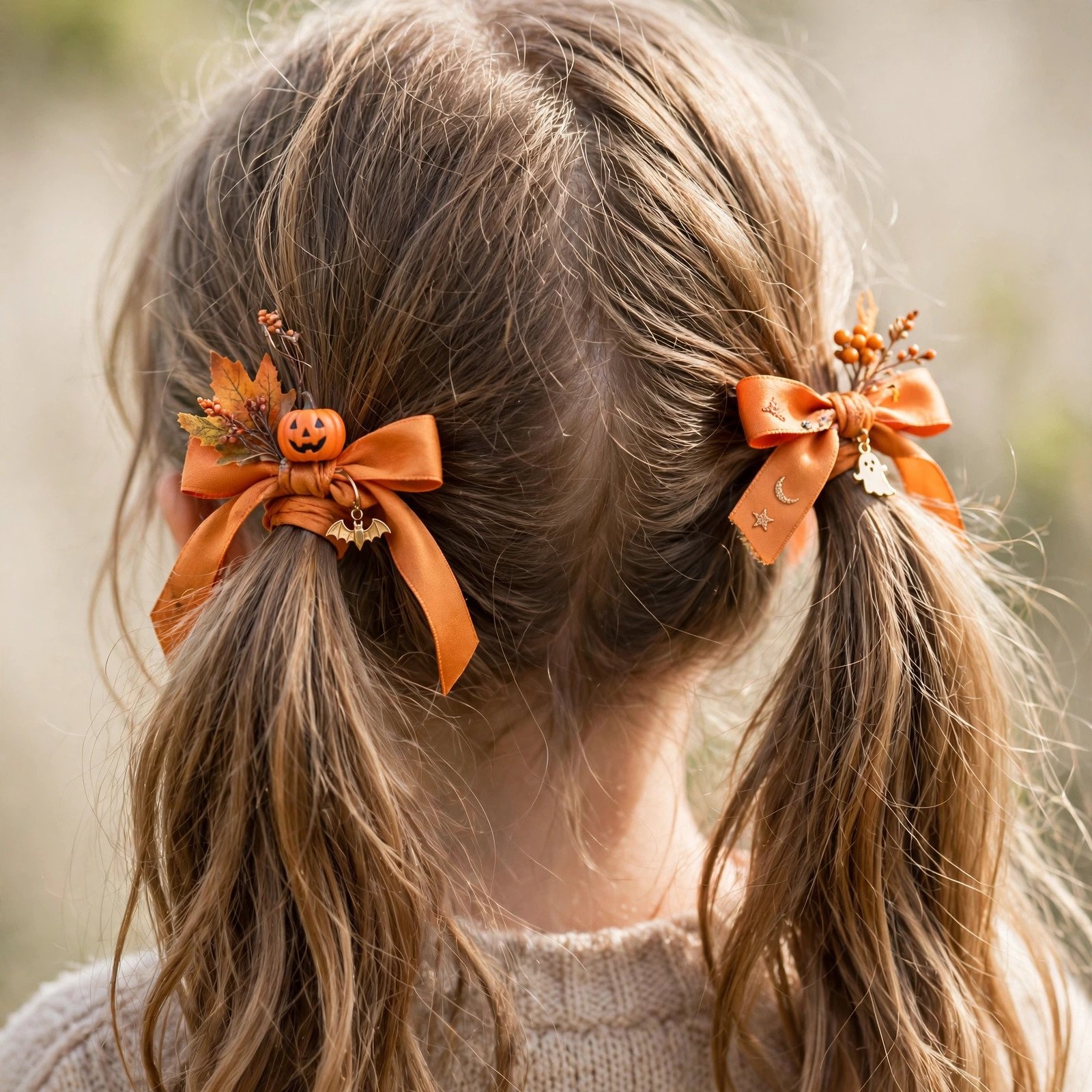 Pumpkin pigtails Halloween hairstyle for girls, back view