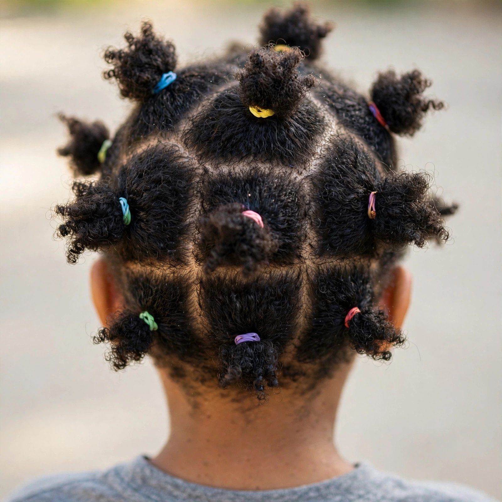 Back view of Rubber Band Afro Puff Combo hairstyle for boys
