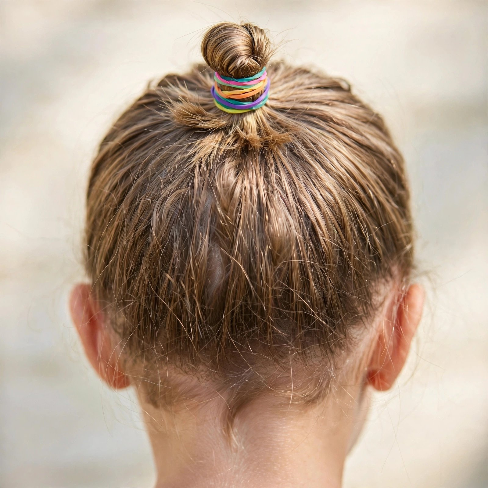 Back view of Rubber Band Top Knot hairstyle for boys