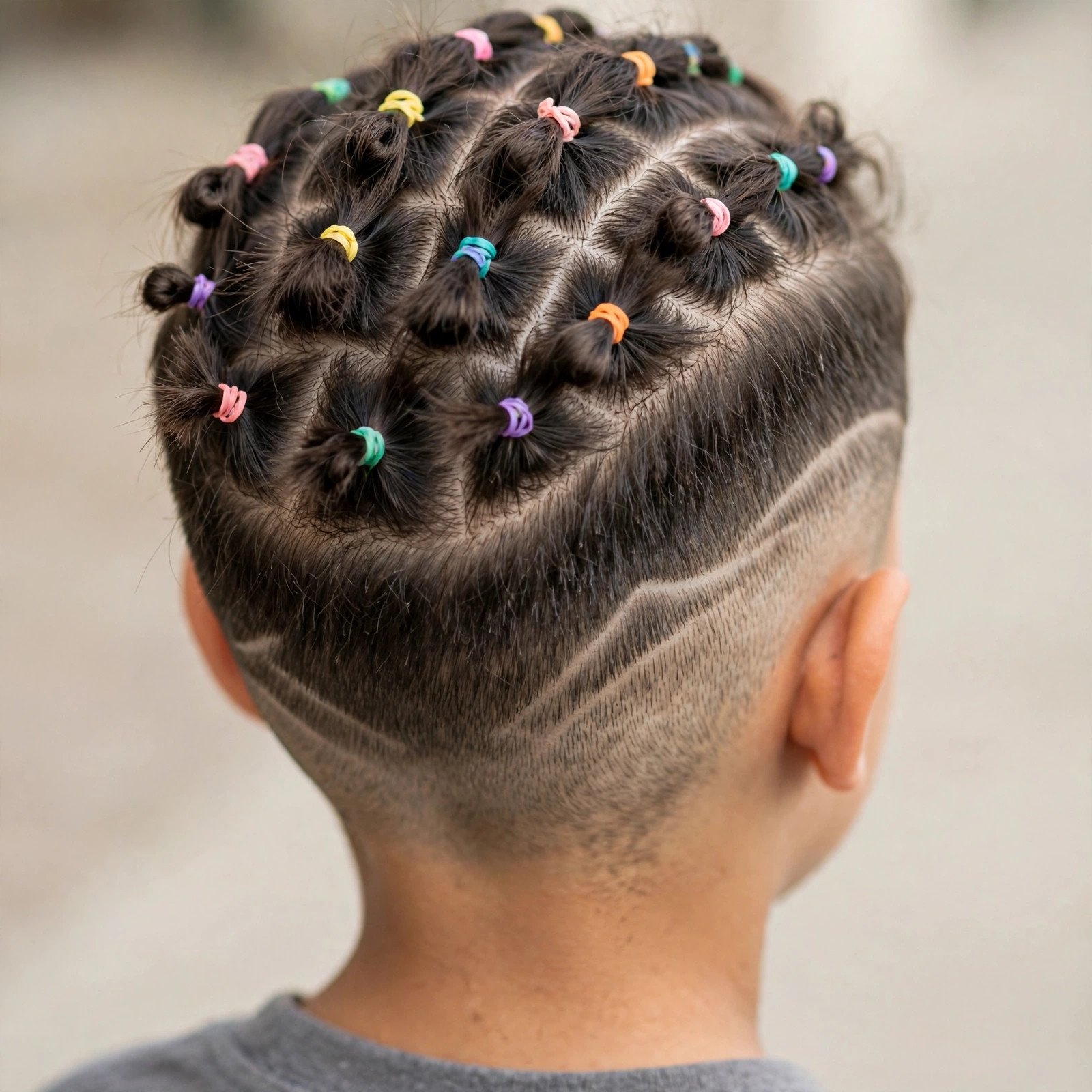 Back view of Rubber Band with Fade Lines hairstyle for boys