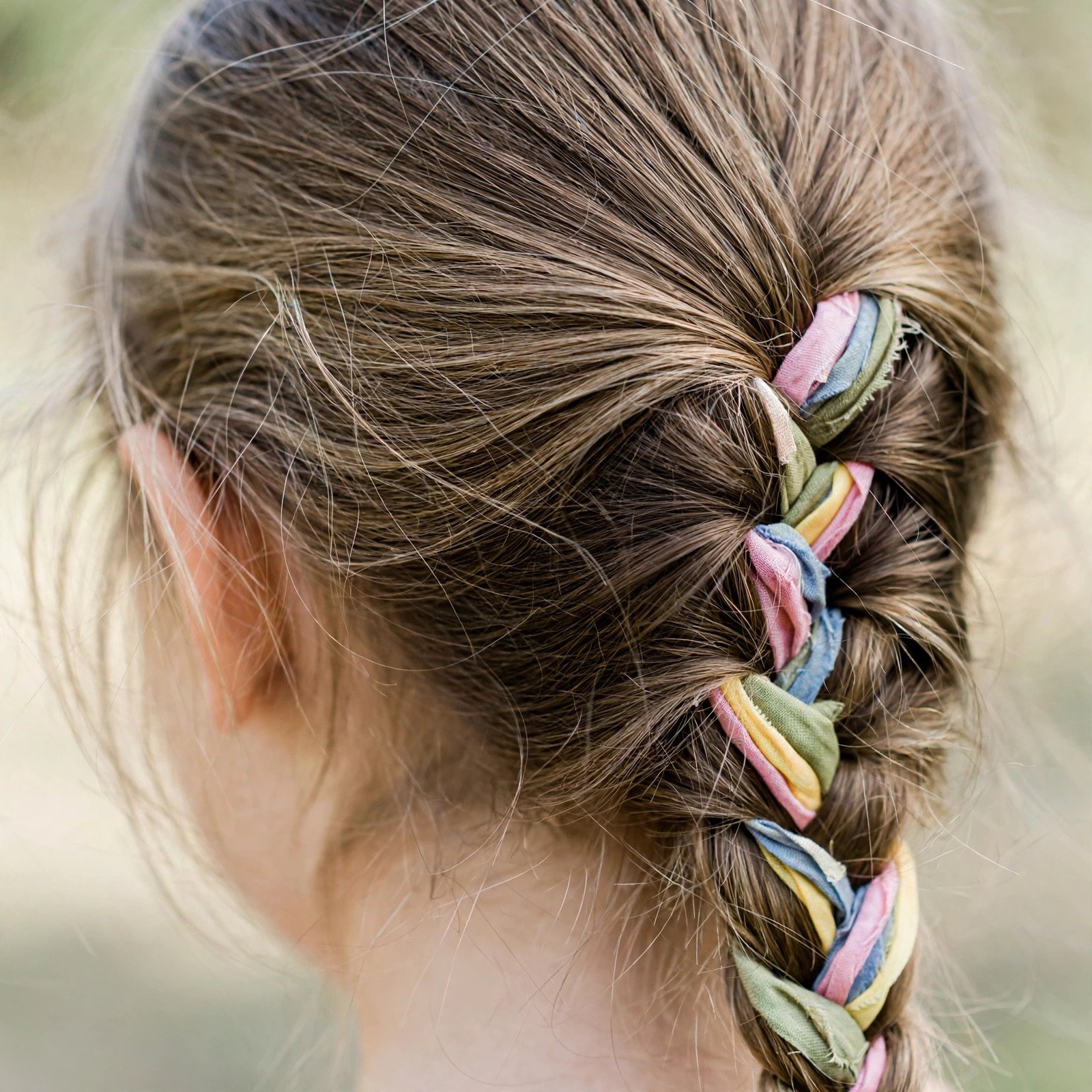 Side braid with ribbon hairstyle for girls, back view