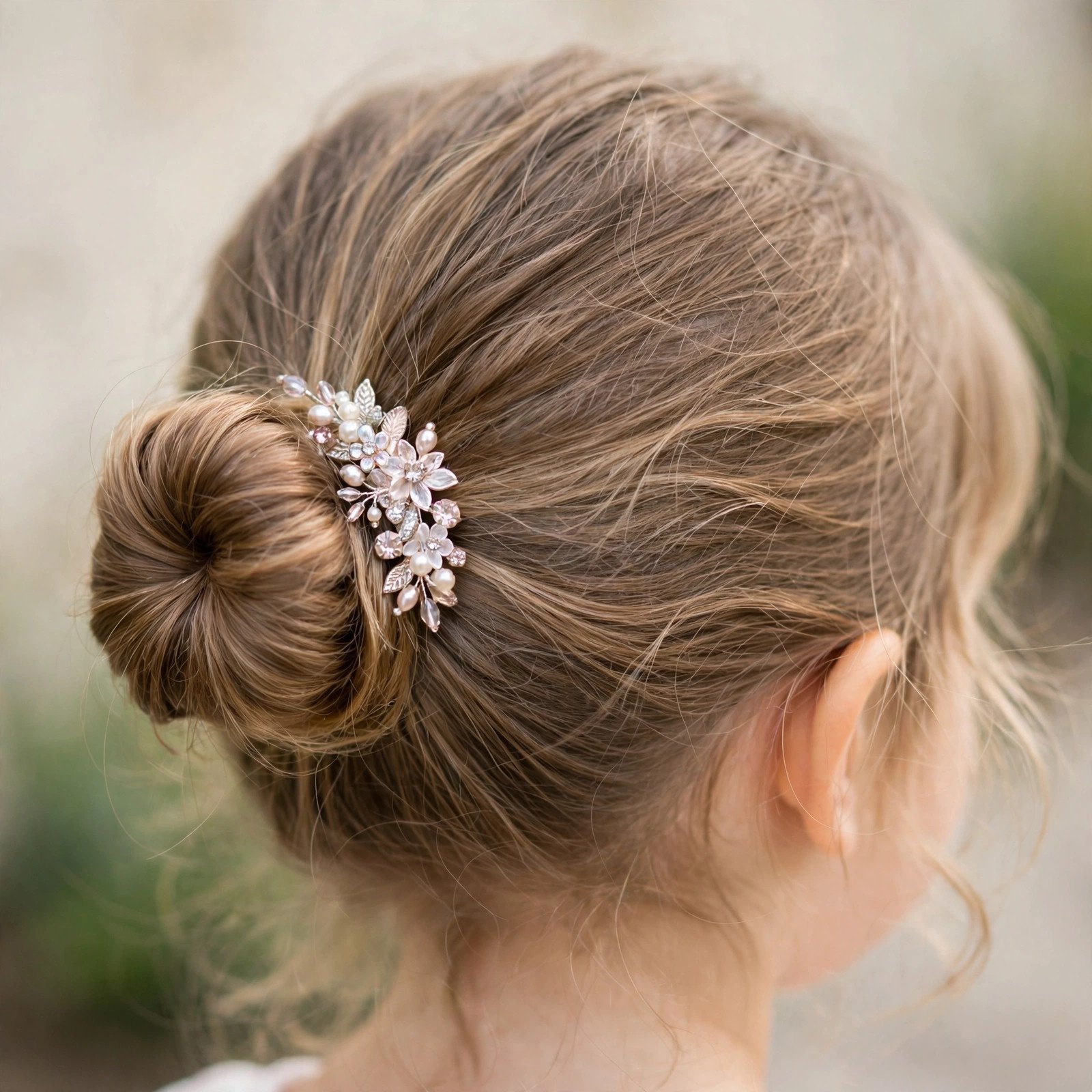 Side bun with decorative clip for little girls, back view