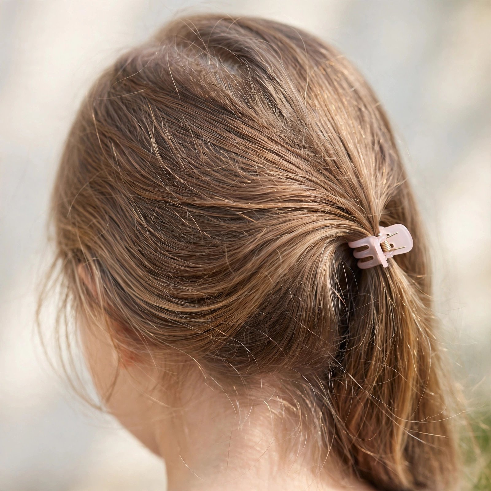 Side part with mini claw clip accent for girls, back view