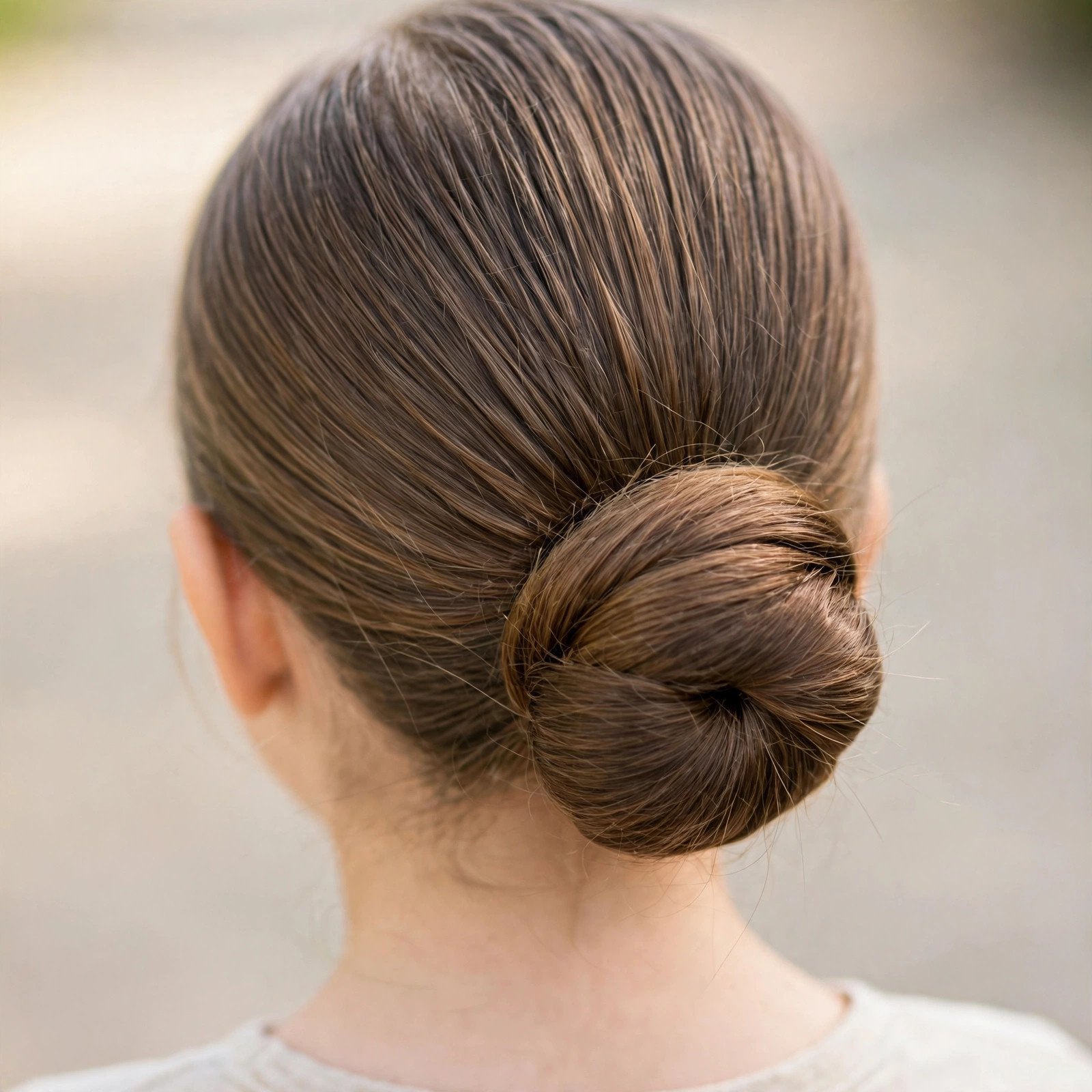 Sleek low bun hairstyle for girls, back view