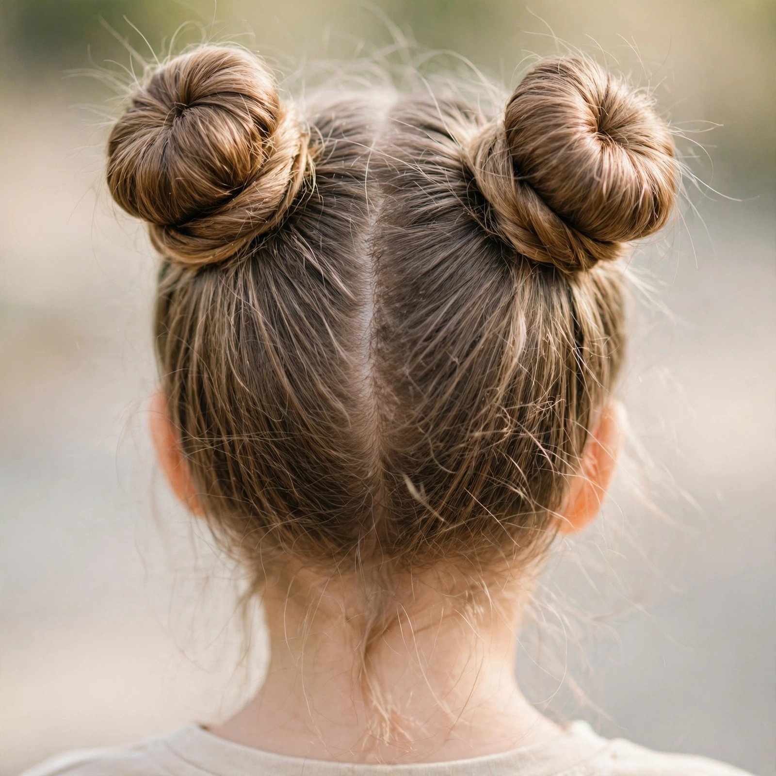 Space buns hairstyle for girls, back view