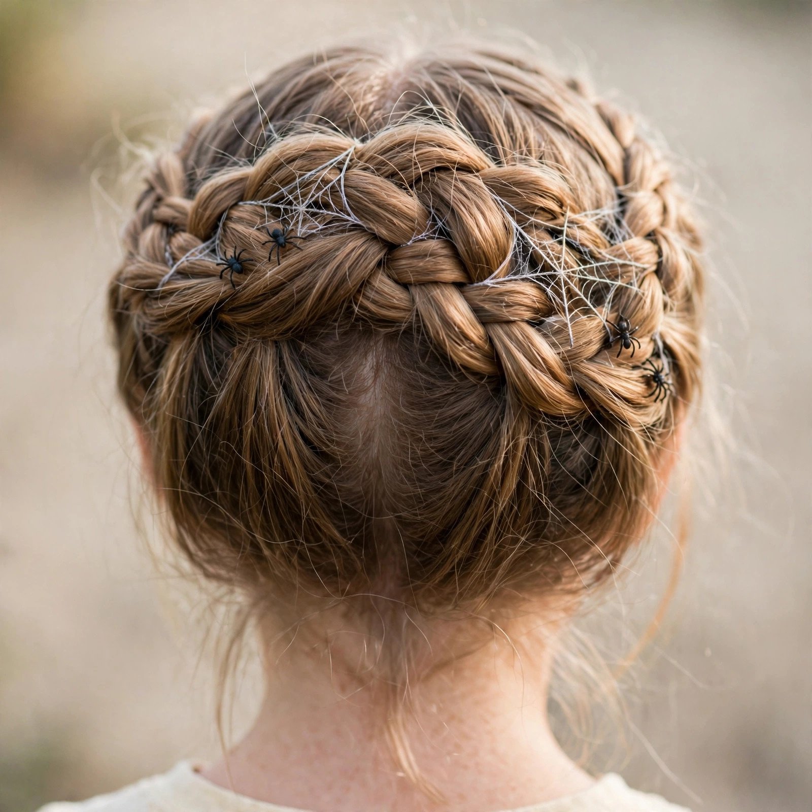 Spiderweb braided crown Halloween hairstyle for girls, back view