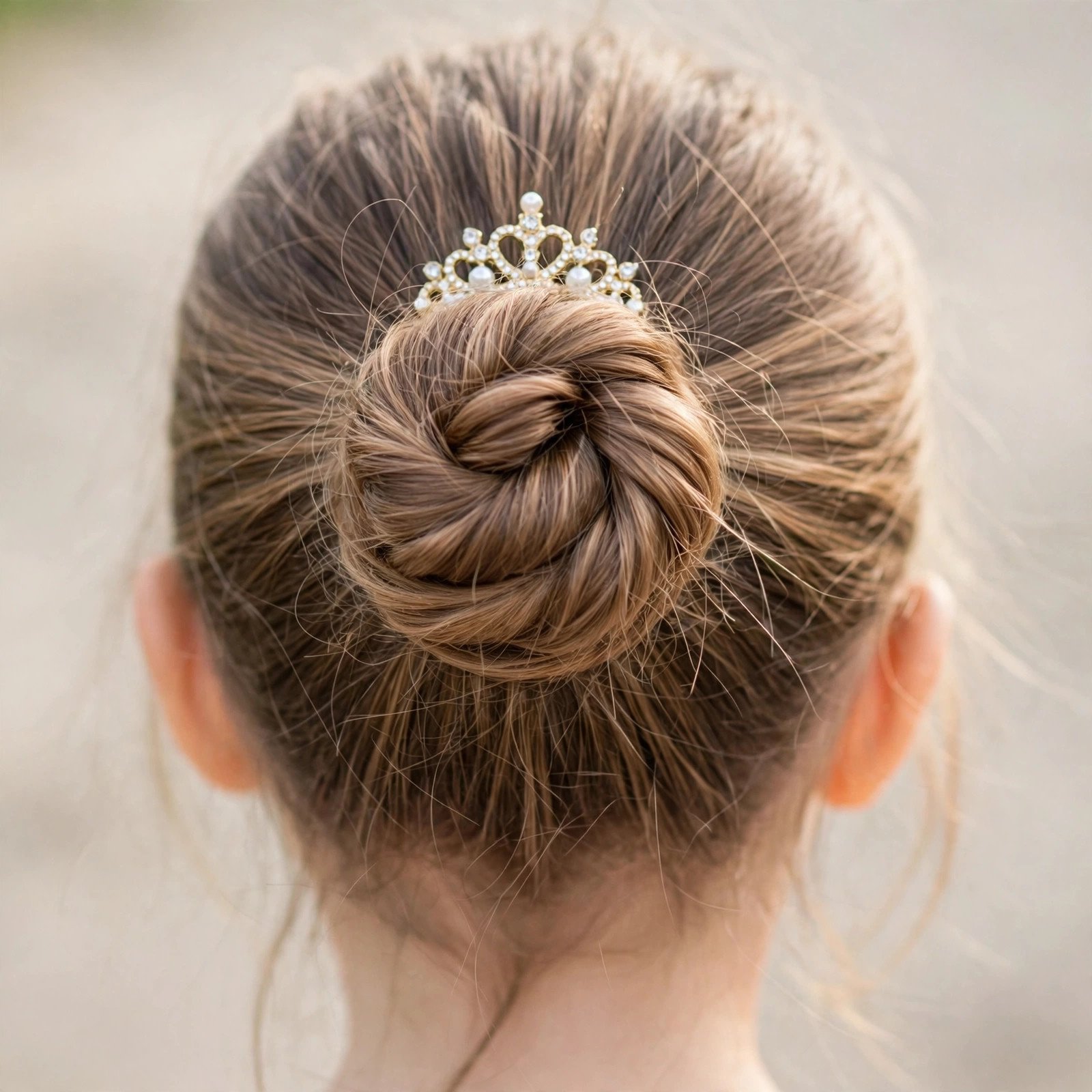 Twisted bun with tiara hairstyle for little girls, back view