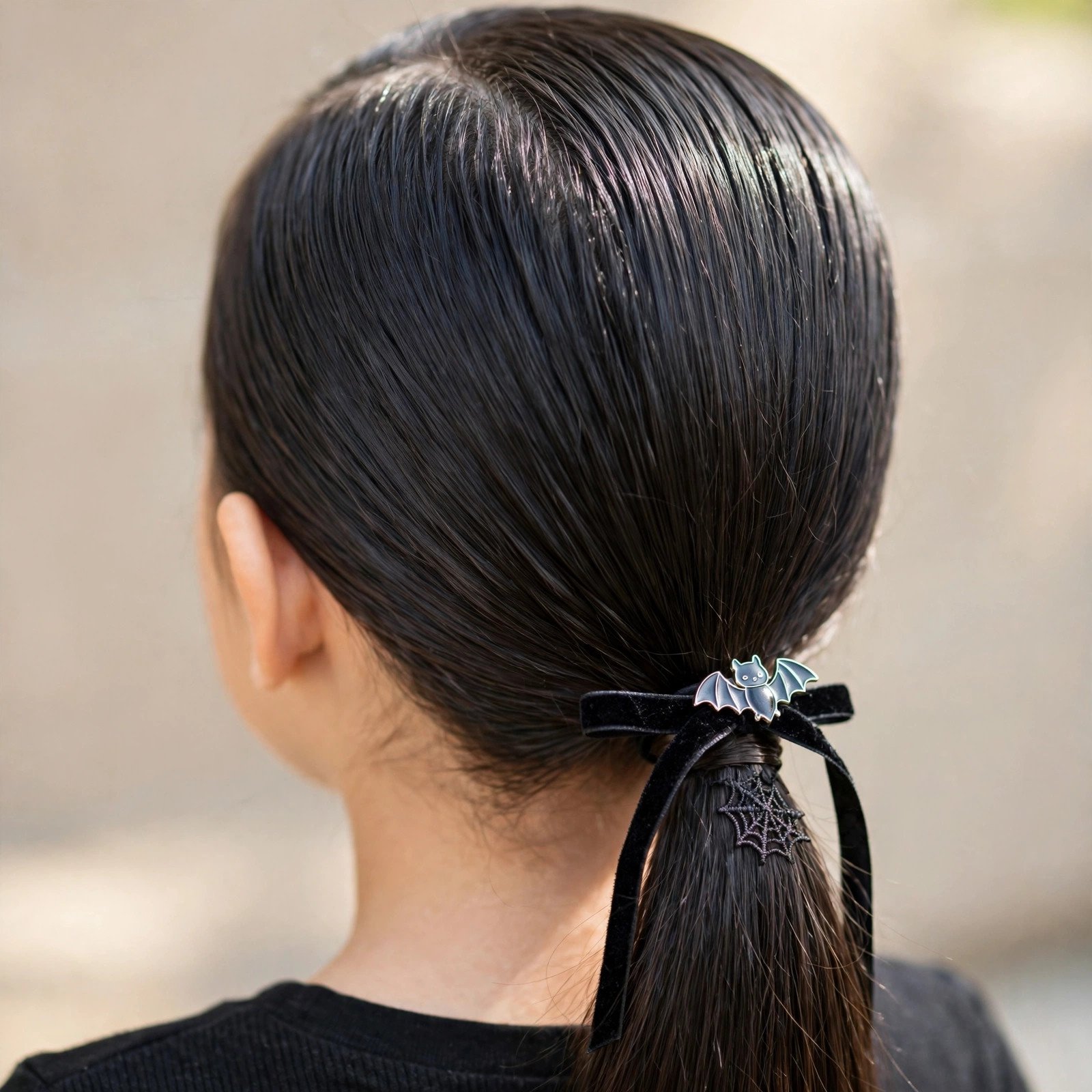 Vampire sleek Halloween hairstyle for girls, back view