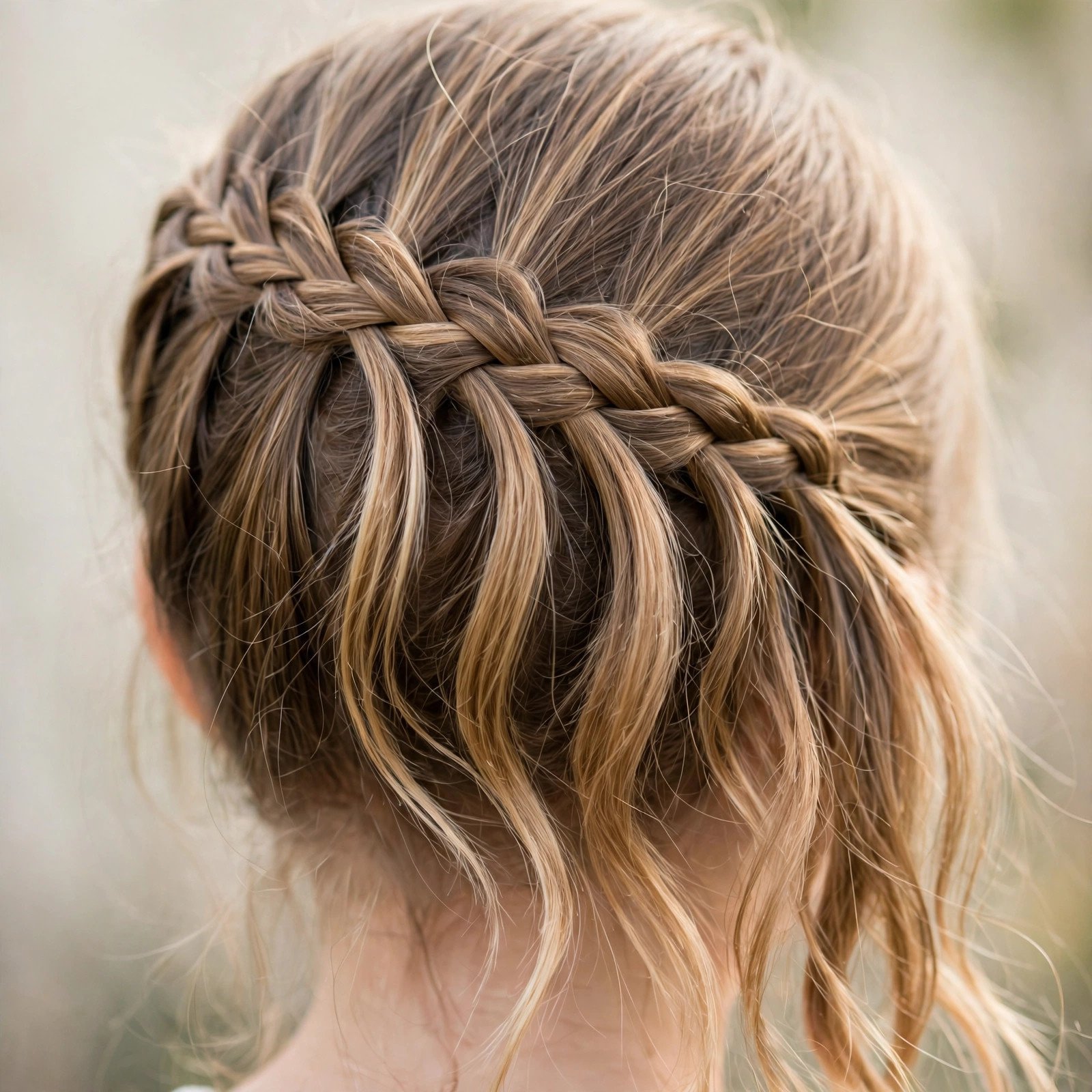 Waterfall braid hairstyle for girls, back view