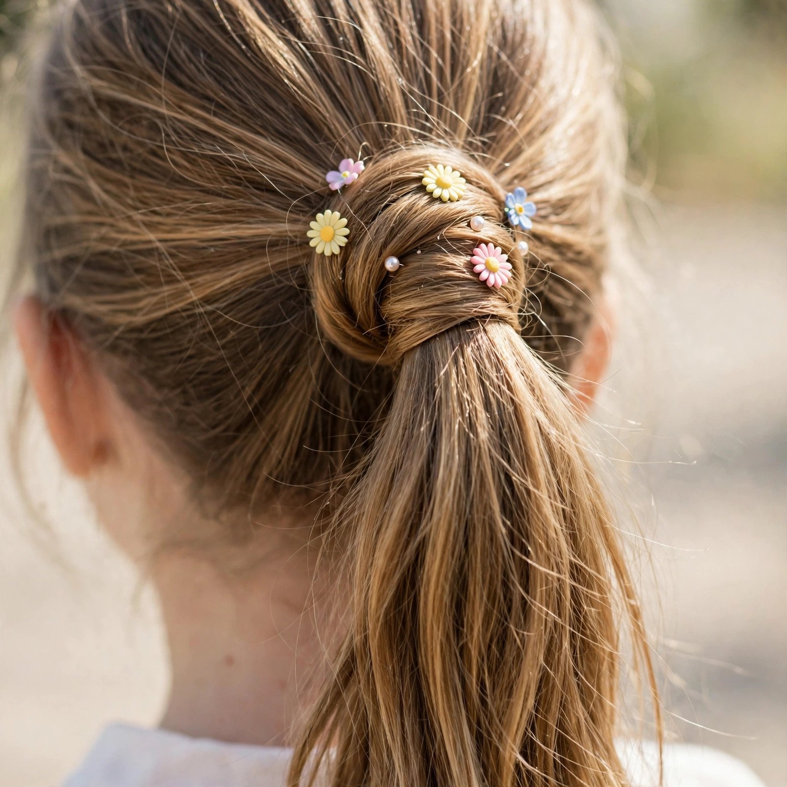 Wrapped ponytail with hair accessories for girls, back view