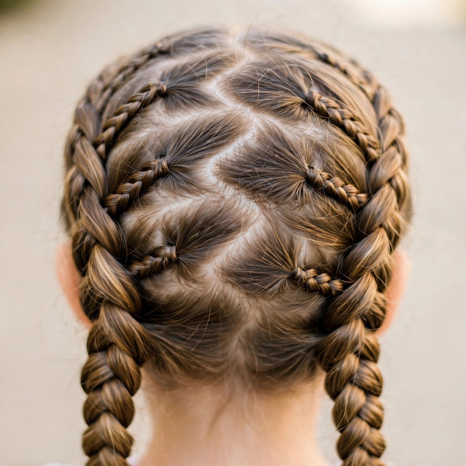 Zig-zag part braids hairstyle for little girls, back view