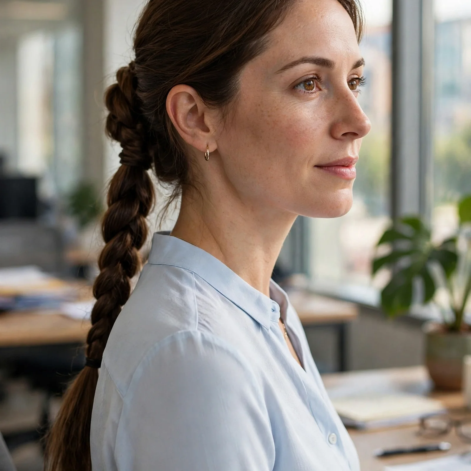 20 Office Hairstyles for Women That Stay Fresh After Sweating in Summer: Braided Low Ponytail