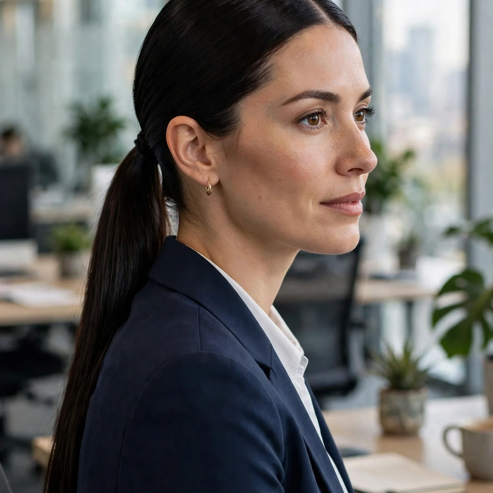 20 Office Hairstyles for Women That Stay Fresh After Sweating in Summer: Sleek Center-Part Ponytail