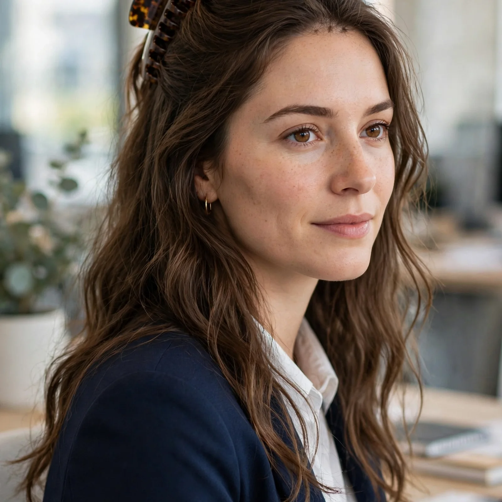 20 Office Hairstyles for Women That Stay Fresh After Sweating in Summer: Half-Up Claw Clip Style