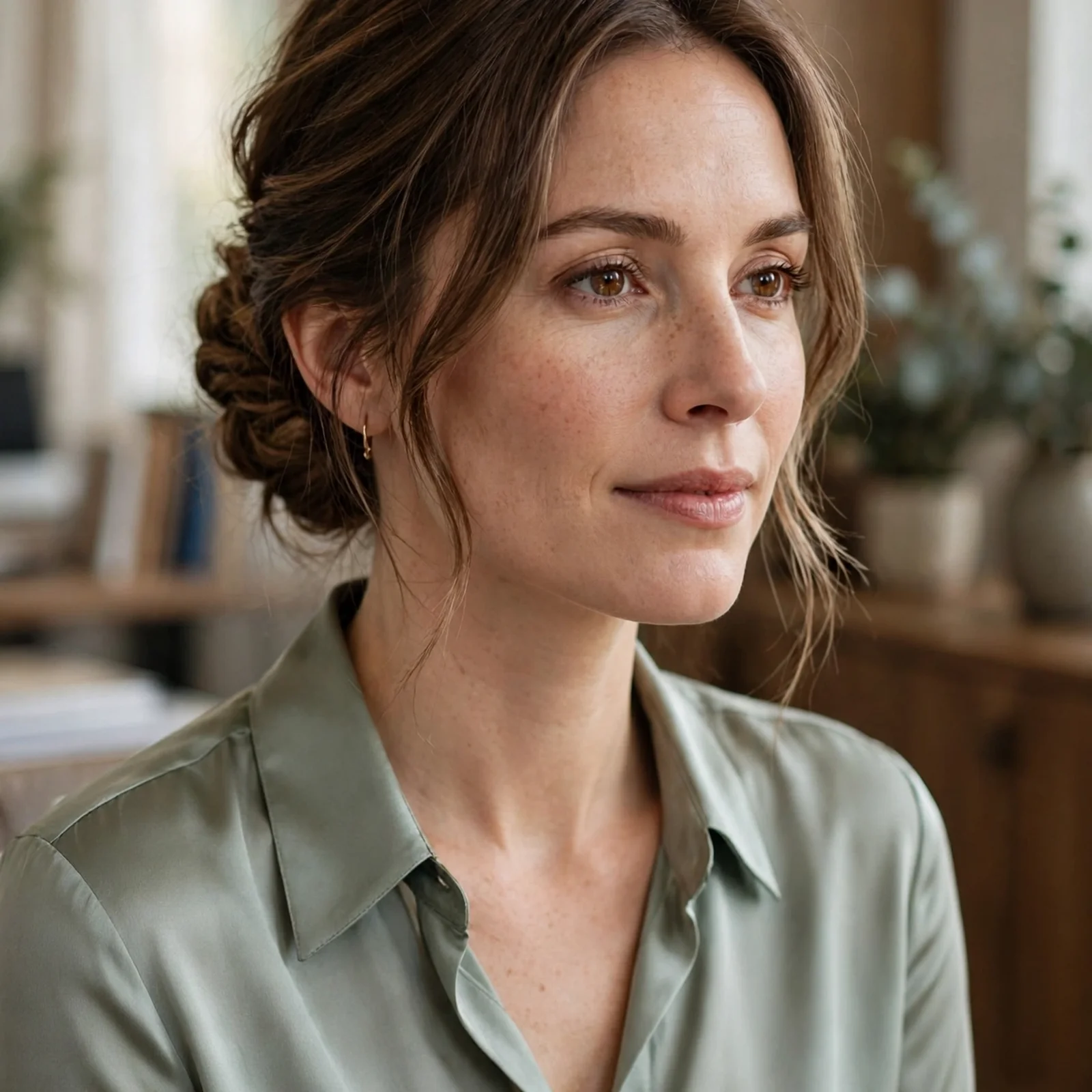 20 Office Hairstyles for Women That Stay Fresh After Sweating in Summer: Low Textured Chignon